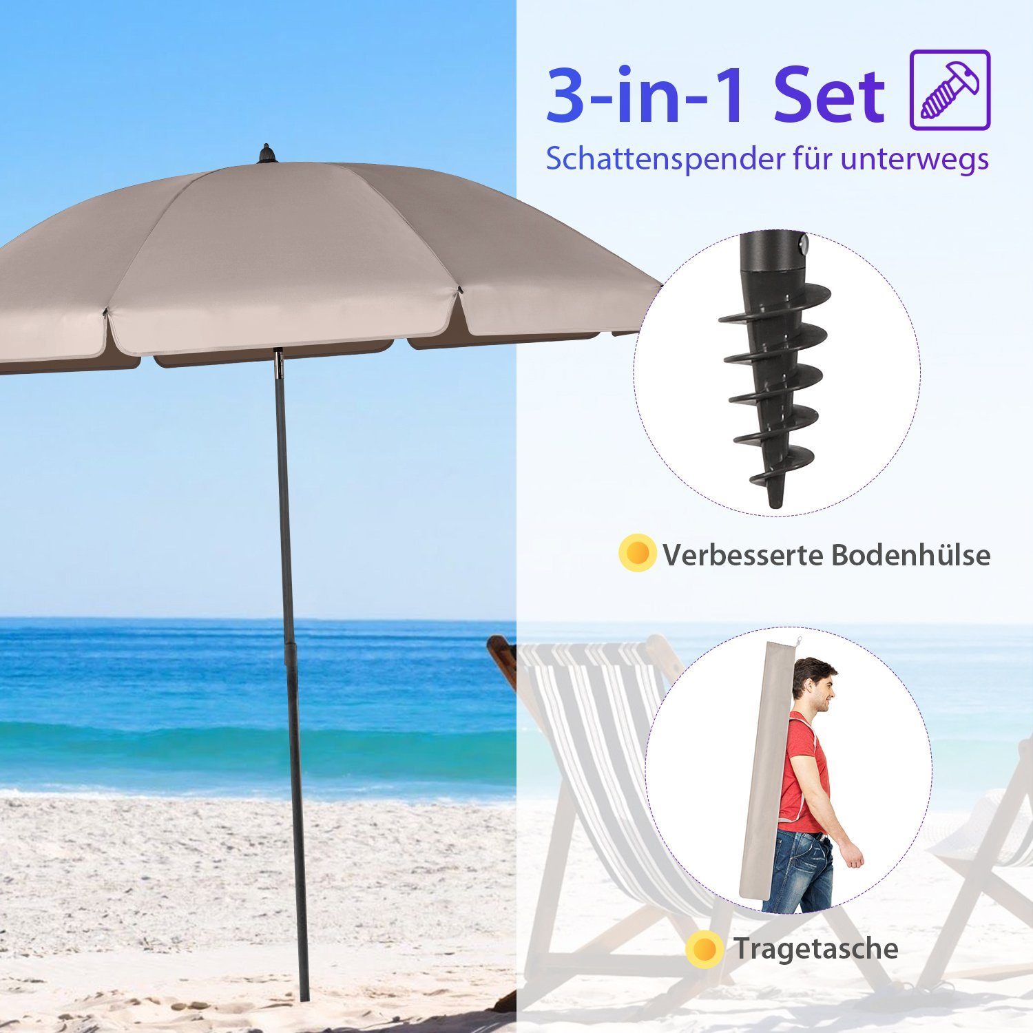 Sekey Sonnenschirm Ø 180 cm Sonnenschirm mit Ständer Komplett Strandschirm Balkon Garten, LxB: 180,00x180,00 cm, Neigungswinkel und Höhe verstellbar, Sonnenschutz UPF 50+