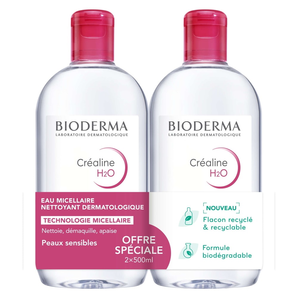 Bioderma CREALINE H2O, eau micellaire démaquillante 2 x 500 ml  Peaux sensibles Démaquillant/Nettoyant