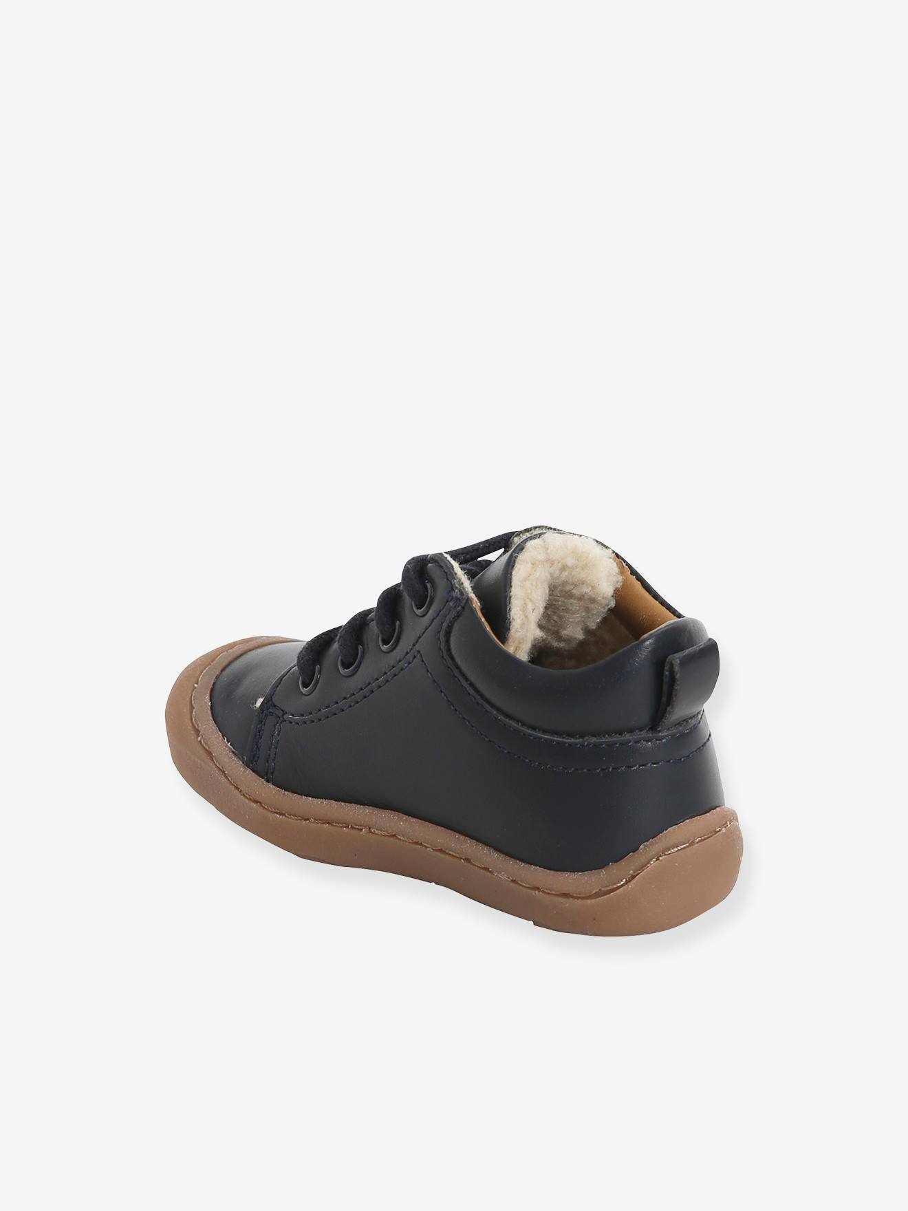 Bottillons fourrés cuir souple bébé garçon 4 pattes marine