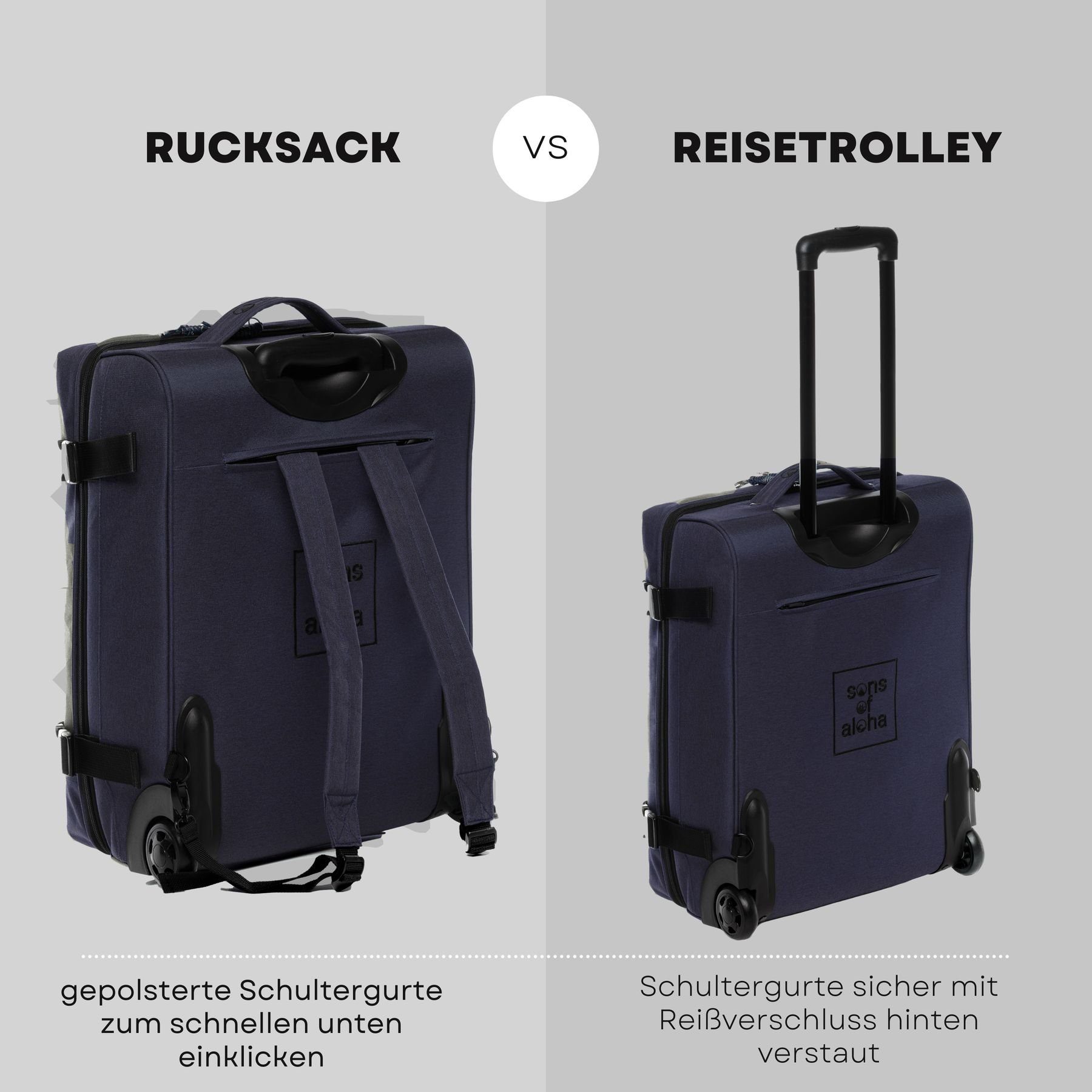 SONS OF ALOHA Koffer Trolley Carry-on und Rucksack Kane, 2in1 Hybrid Handgepäck Koffer 2 Rollen & Rucksack aus Plastikflaschen
