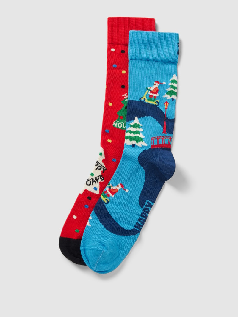 Socken mit Motiv-Print Modell 'Happy Holidays' im 2er-Pack in blau