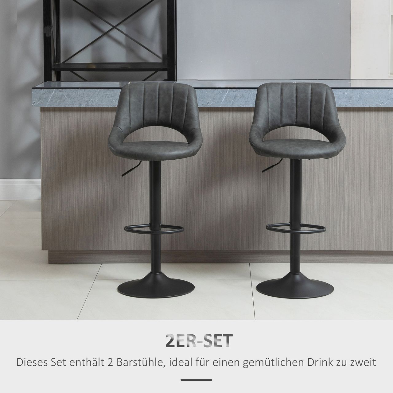 HOMCOM Barhocker-Set, 2 Hocker, Küchenhocker, Lederoptik, drehbar mit Fußstütze