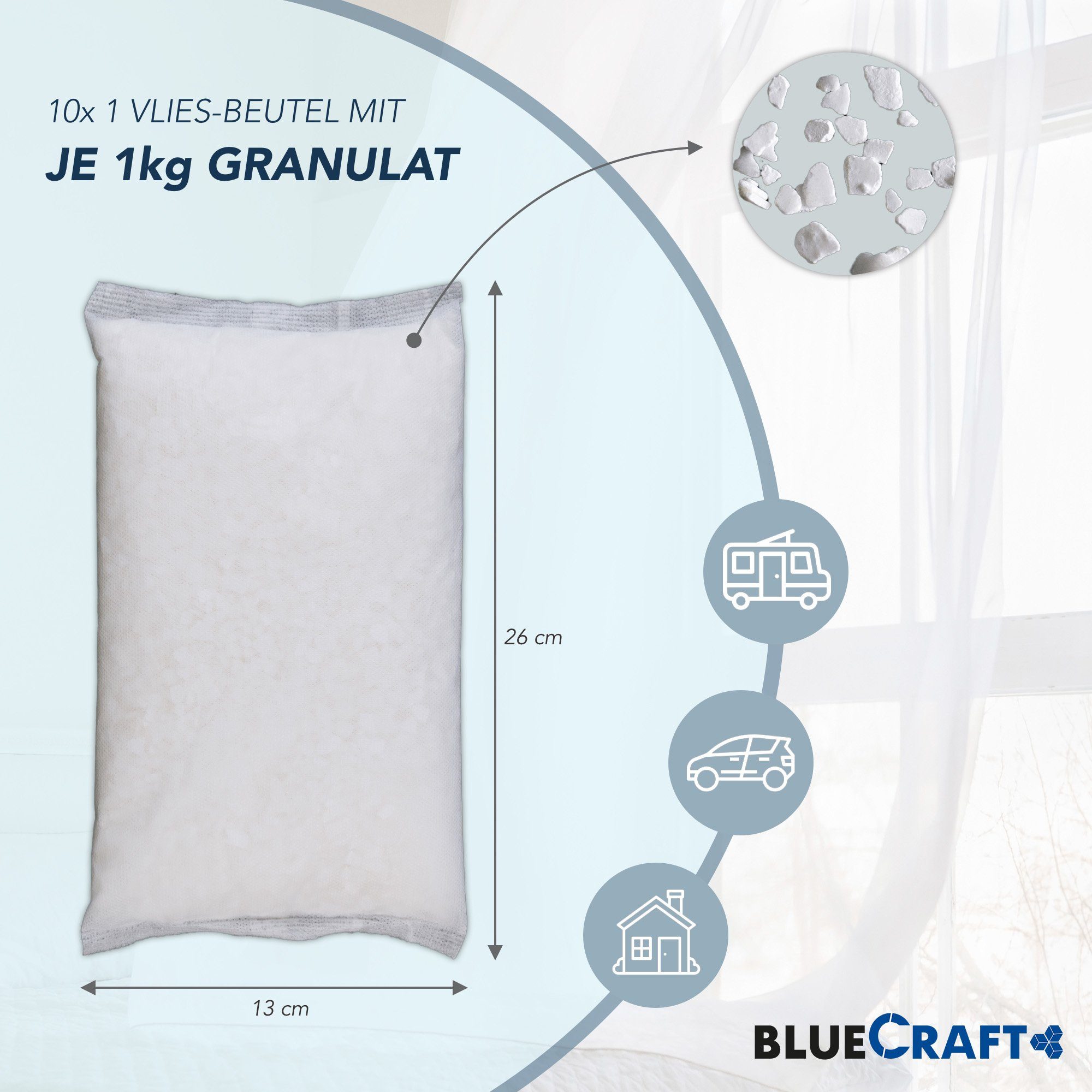 BlueCraft Luftentfeuchter Nachfüllpack Granulat Box Raumenfeuchter + 10x 1kg Granulat Vliesbeut, ohne Strom Nachfüller gegen Schimmel Schlafzimmer Wohnung