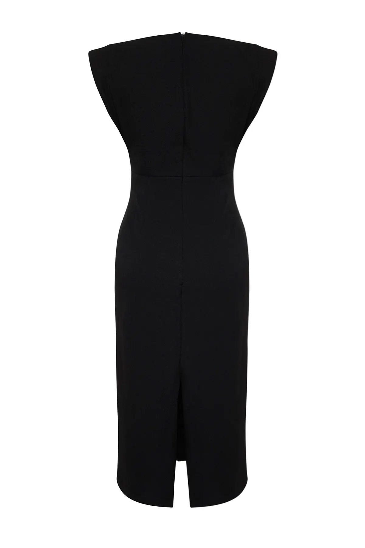 Trendyol Collection  Schwarzes, figurbetontes, gewebtes, stilvolles Abendkleid mit Degaje-Kragen TPRSS24EL00156