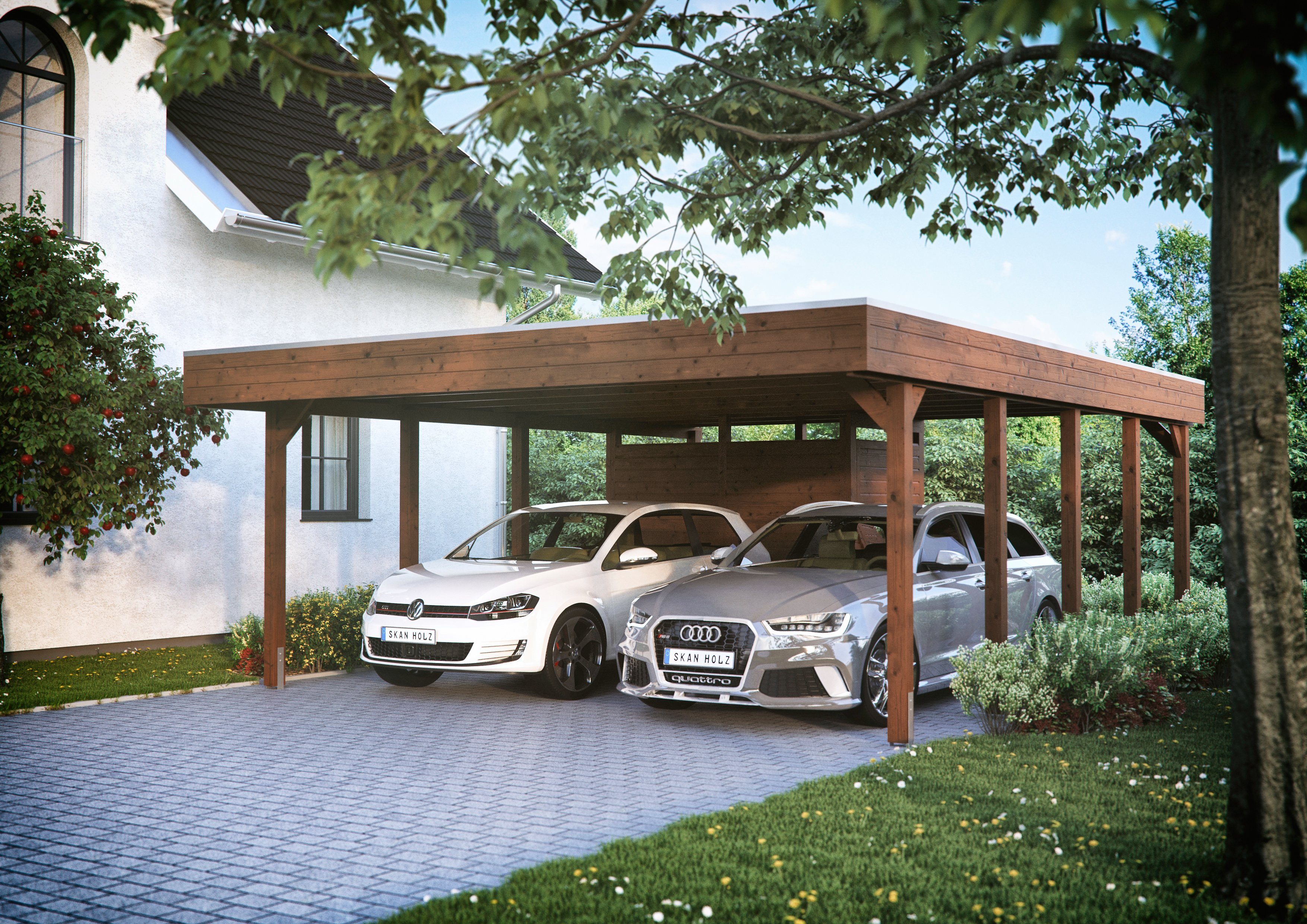 Skanholz Doppelcarport Friesland 4, BxT: 557x708 cm, 207 cm Einfahrtshöhe, (Set), mit Geräteraum
