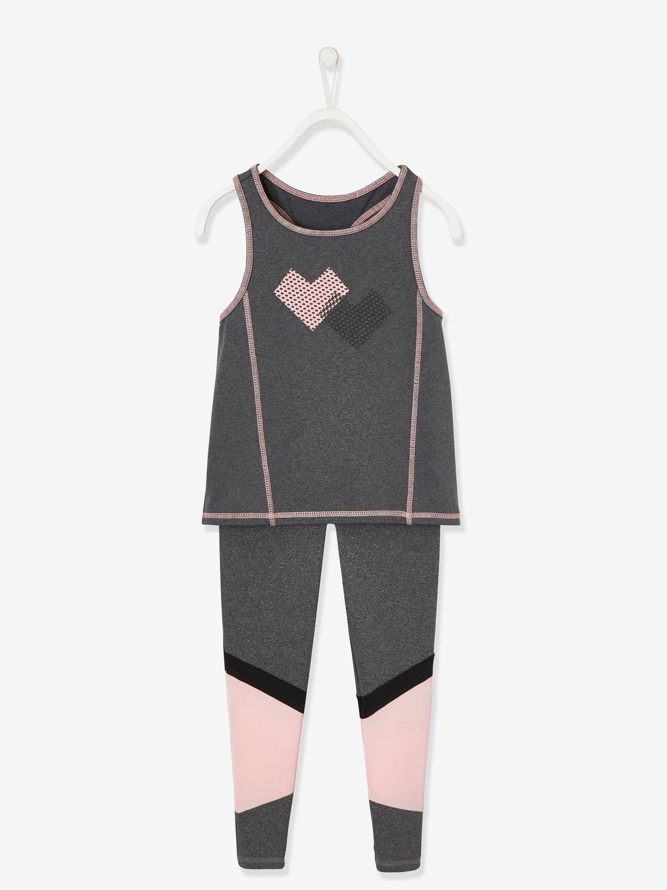 Ensemble de sport débardeur + legging fille matière technique gris chiné foncé