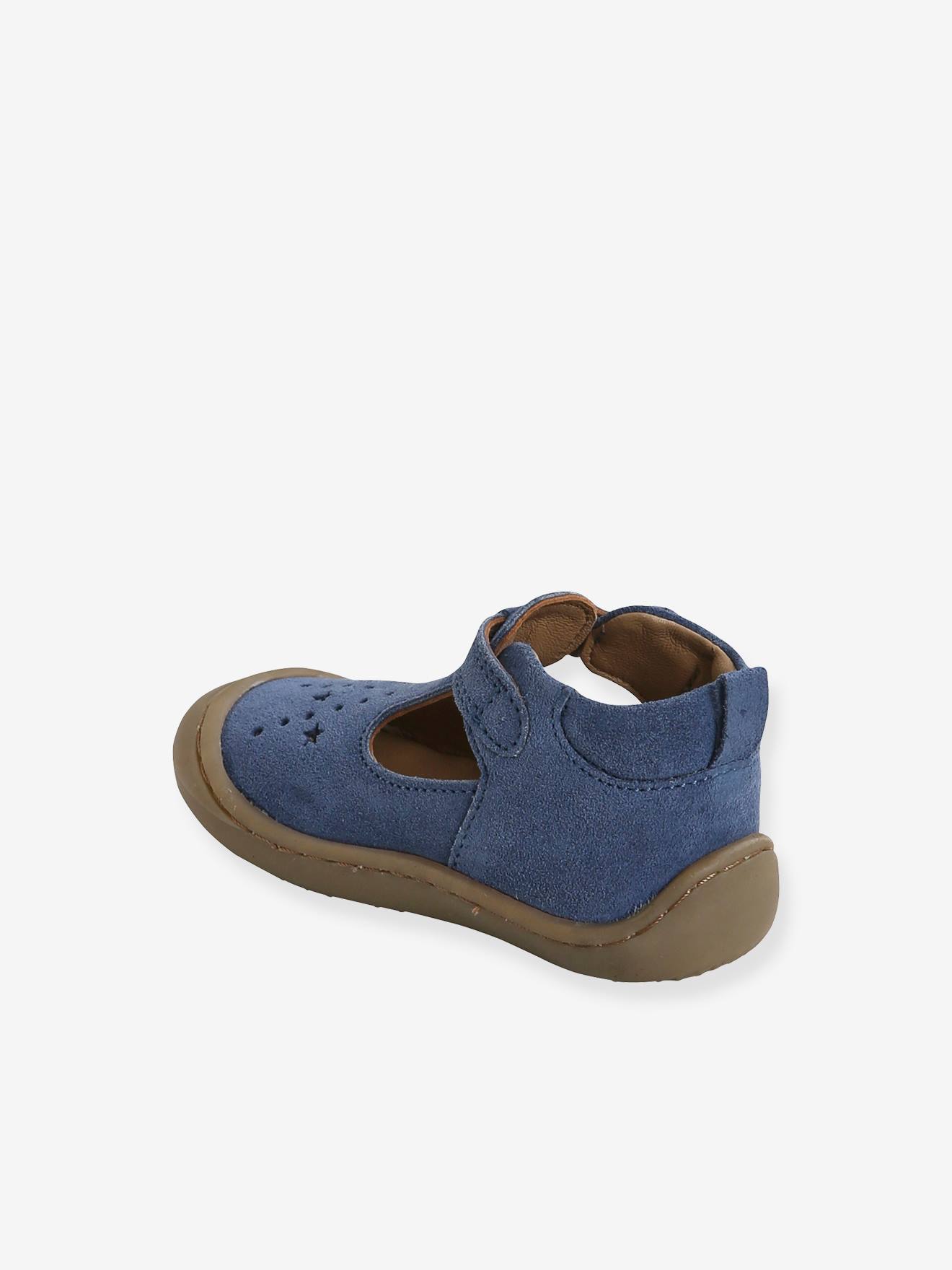 Salomés cuir souple bébé 4 pattes bleu jean