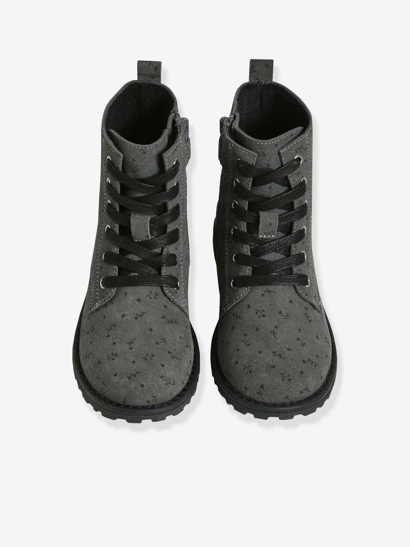 Bottines cuir lacées et zippées fille gris fleurs imprimés