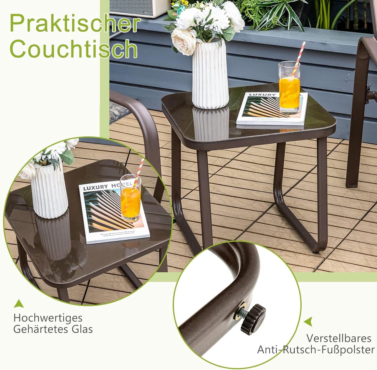 Costway 3tlg. Bistroset Balkonset, Couchtisch aus Hartglas & 2 stapelbare Stühle