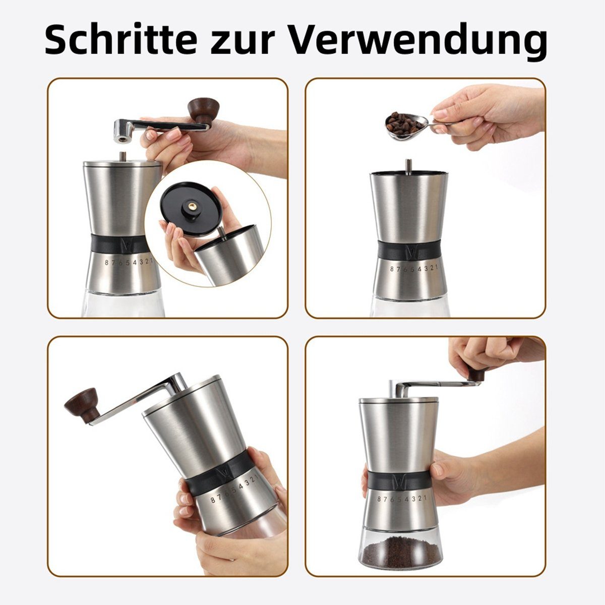 Hikeren Kaffeemühle Manuell/Hand mit Keramikmahlwerk,Espressomühle mit 8 Mahlstufen