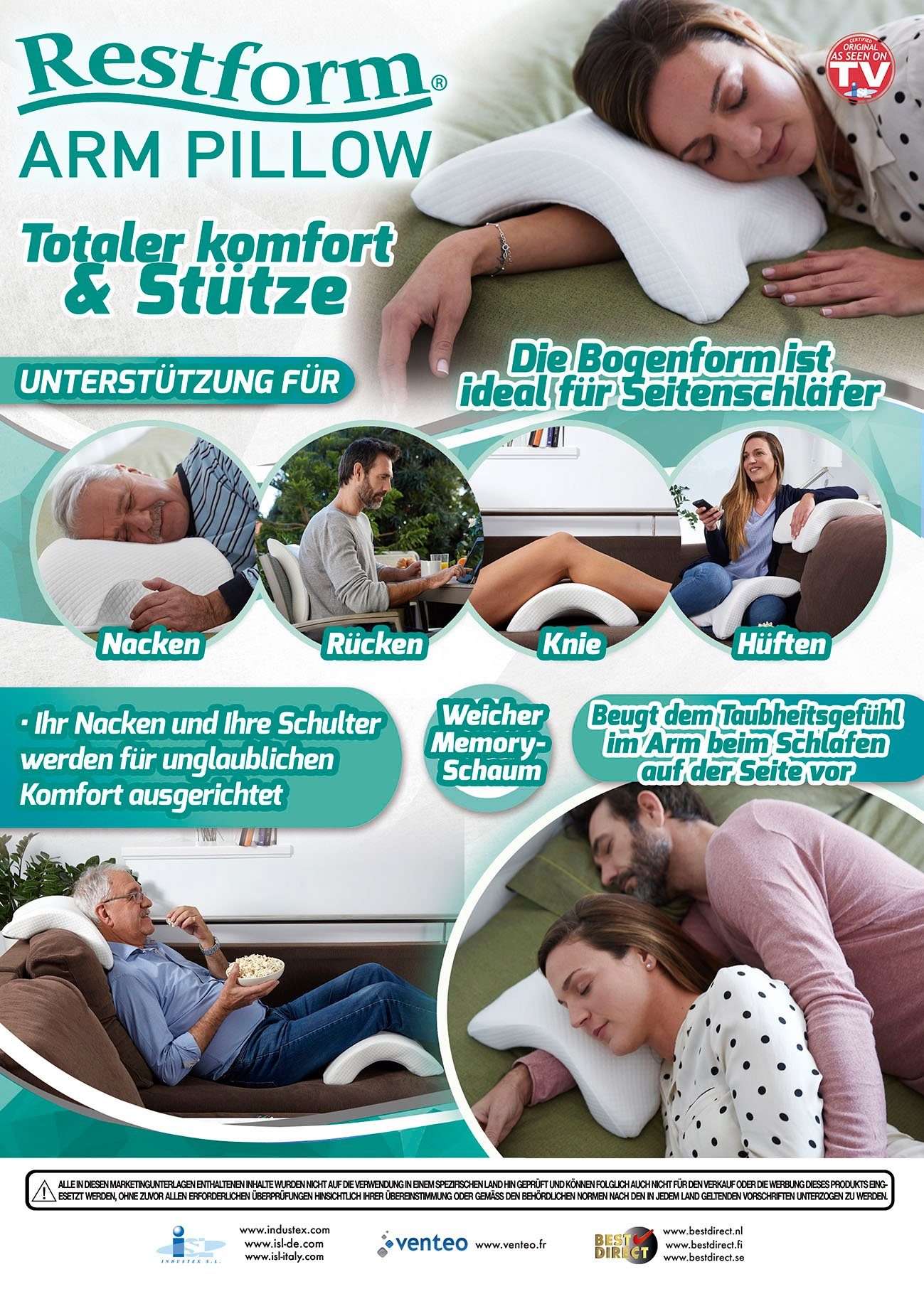 Nackenstützkissen Arm Pillow - Memory Foam Kissen, Arm Kissen, Restform®, Füllung: 100 % Polyester, Bezug: waschbar, Seitenschläfer, Rückenschläfer, Bauchschläfer, Spar-Set, 1er oder 2er Pack, sensible Unterstützung für den Hals, Rücken, Knie und Hüf