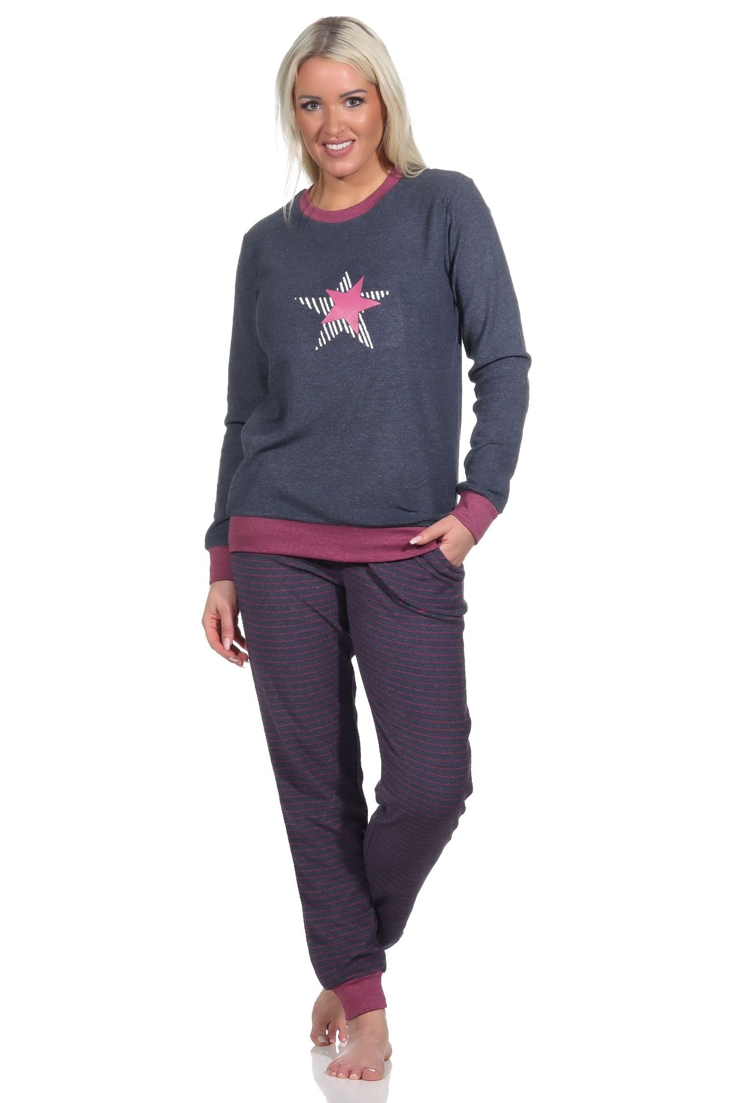 Normann Pyjama Damen Frottee Pyjama mit Bündchenund Stern Motiv Hose gestreift
