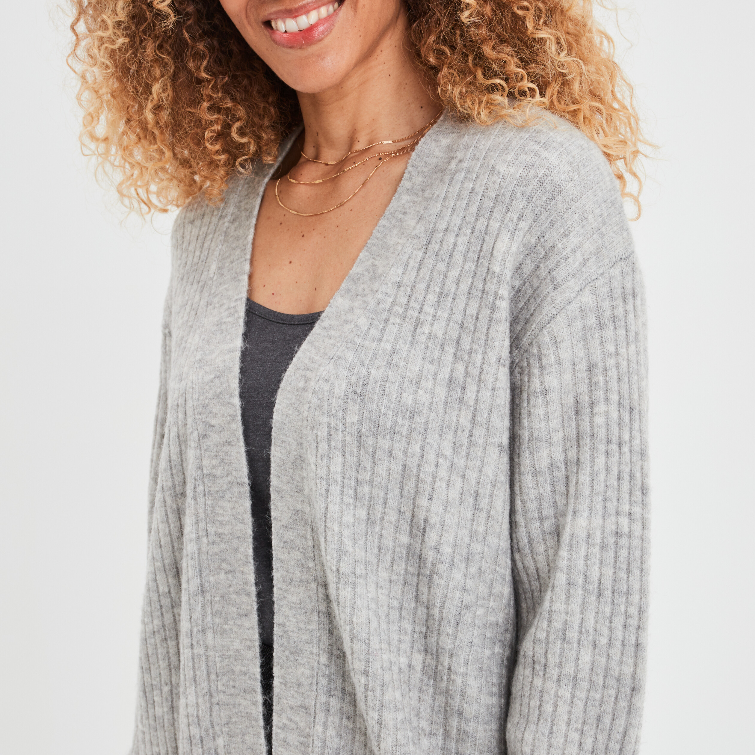 Gilet mi-long côtelé manches longues gris clair femme | La Halle