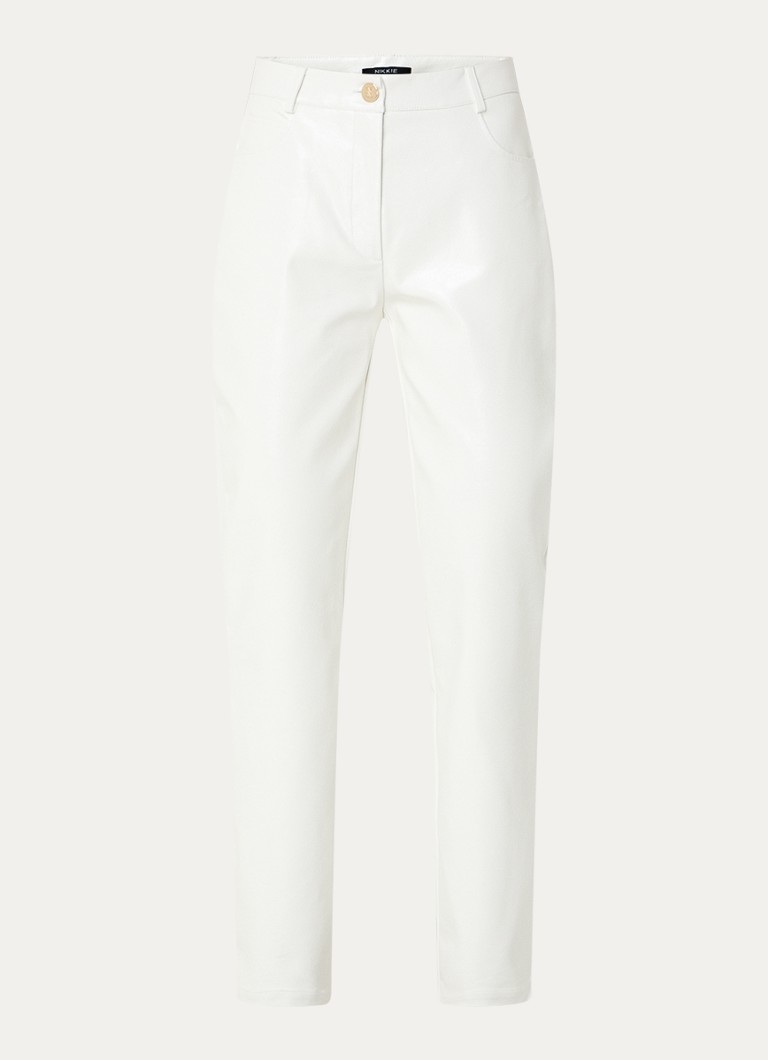 Calça NIKKIE Luz de cintura média, corte reto, em couro sintético texturizado.