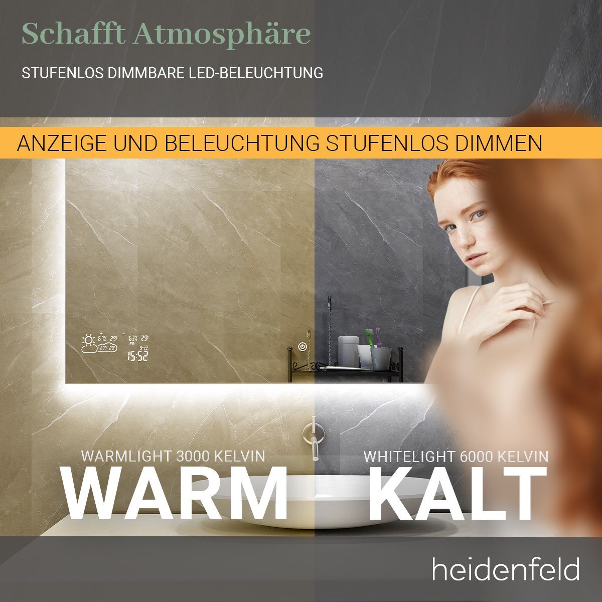 Heidenfeld Infrarotheizung Spiegelheizung HF-HS200 inkl. Touchdisplay 10 Jahre Garantie, Spiegel - Rahmenbeleuchtung - Anti-Beschlag - bis 500 Watt - WIFI