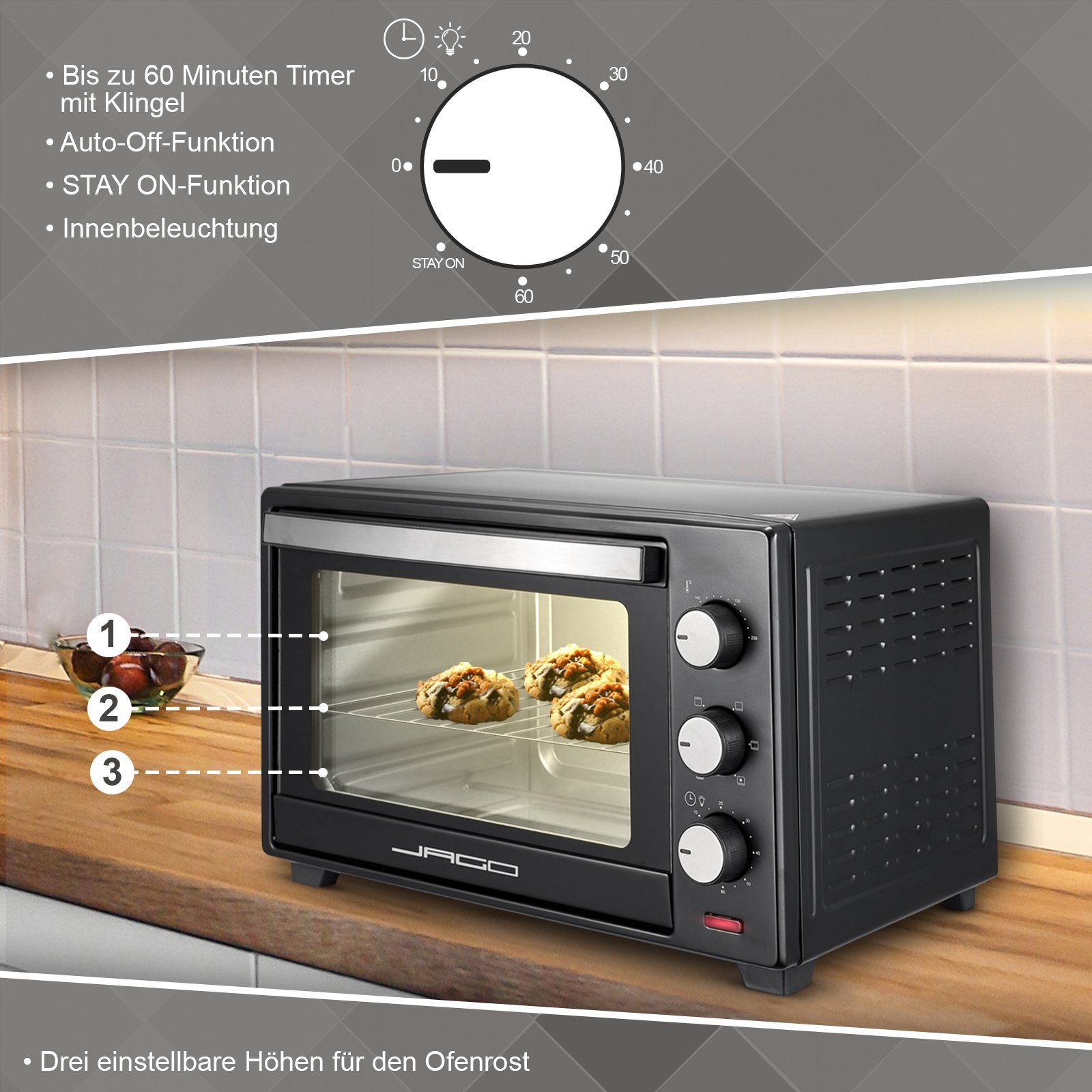 Jago Minibackofen mit 30/48/60L 1600/2000W Grill Mini Ofen Toastofen Pizzaofen