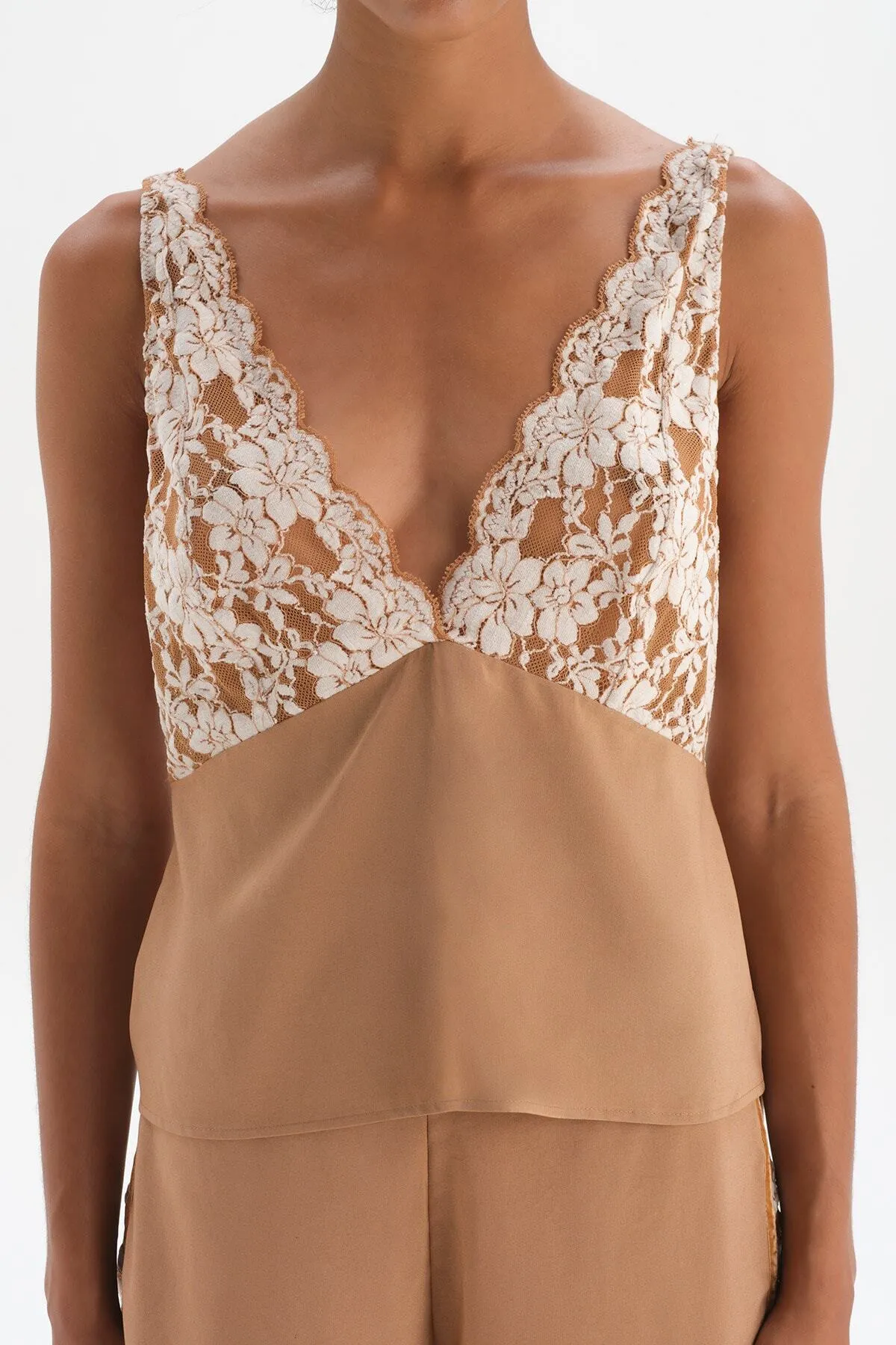 Dagi  Braunes, gerüschtes, gewebtes Camisole mit Samtstreifen und detaillierten Details