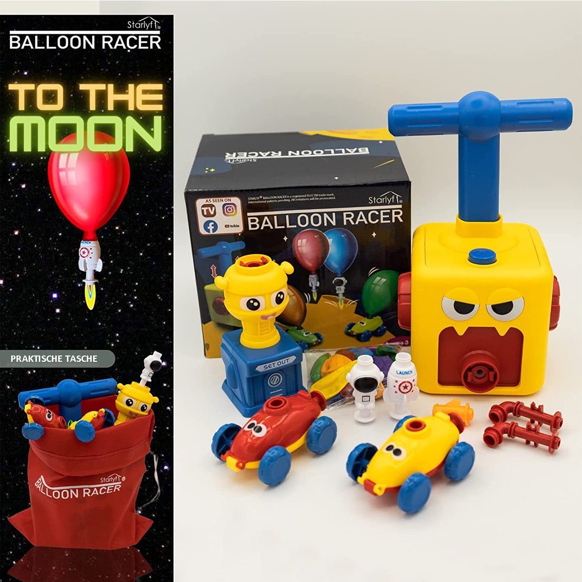 Starlyf Spielzeug-Auto Balloon Racer, (Spar-Set, 22-tlg), mit Luftballon angetriebenes Auto und Rakete + 12 Ballons