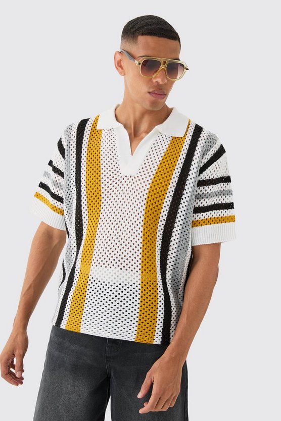Oversized Boxy Open Stitch Stripe Polo In White