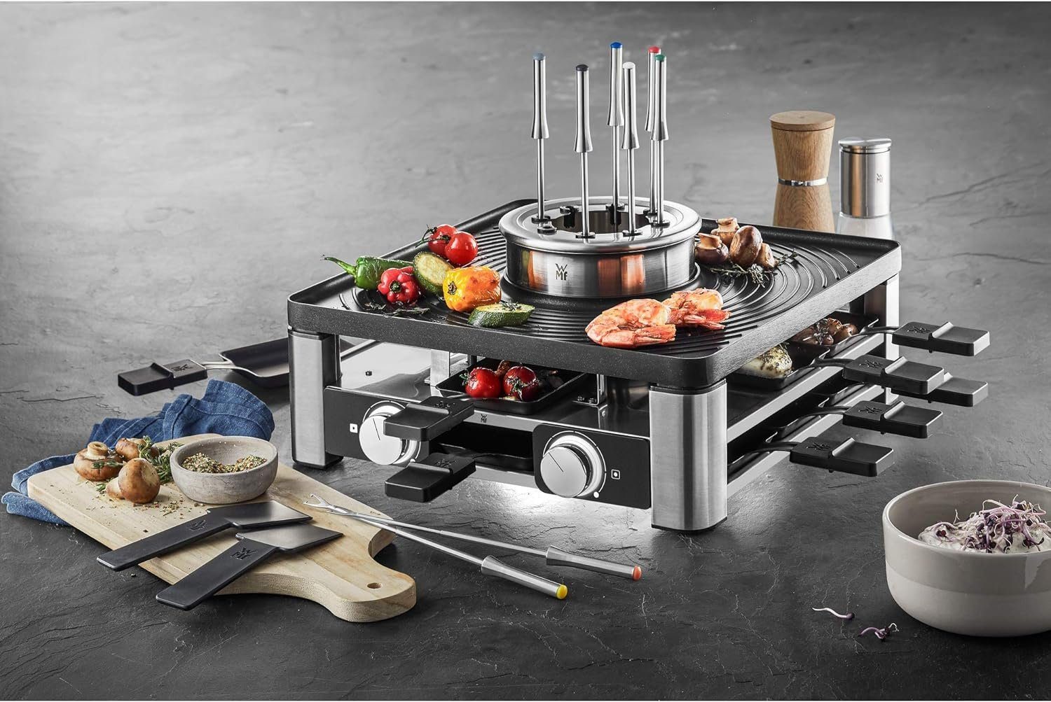 WMF Raclette und Fondue-Set 3in1 Gourmet Station für 8 Personen, Raclette Fondue Kombi, 8 Raclettepfännchen, 1800,00 W, Silvester, Weihnachten, Raklett, 4 Personen, 2 Personen, 6 Personen