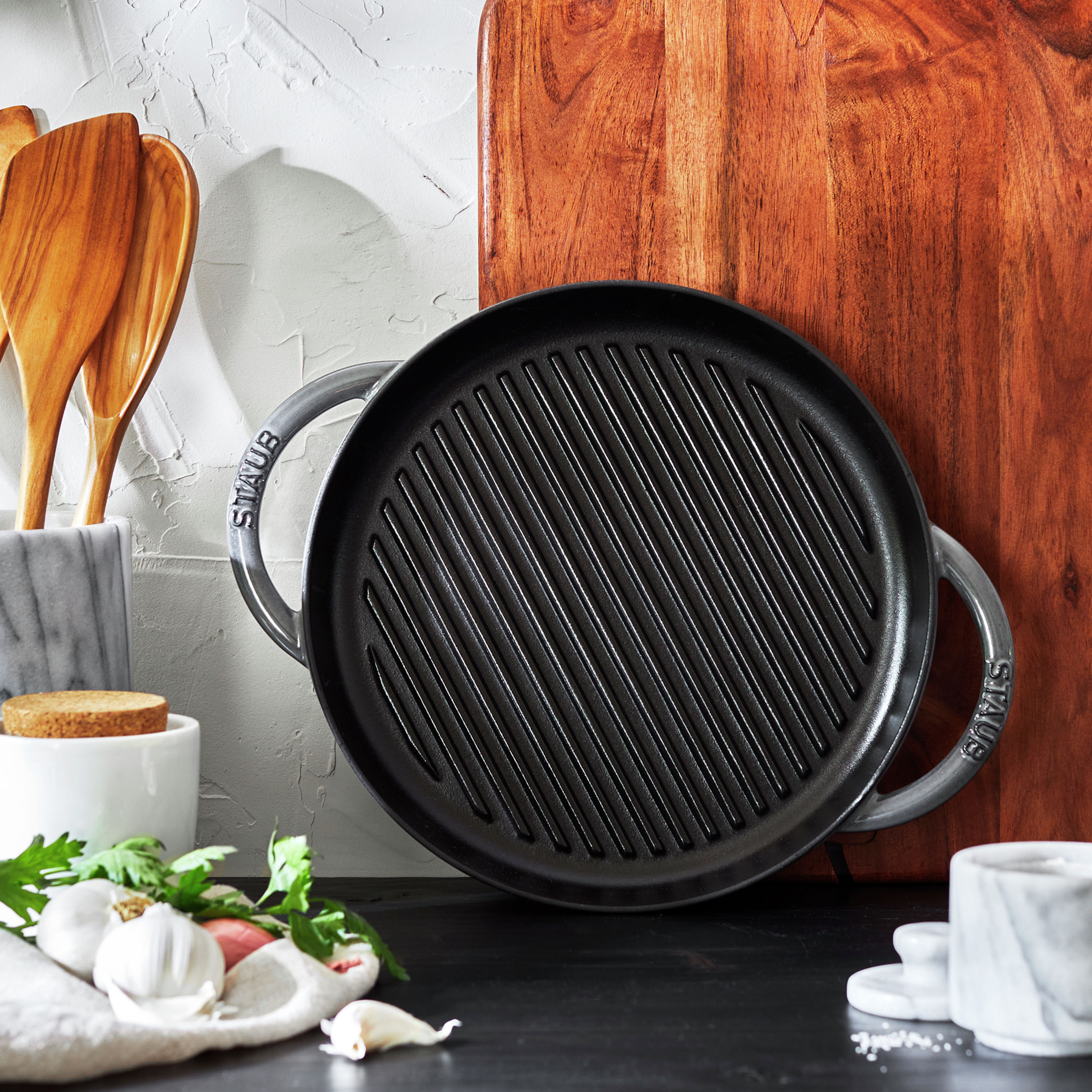 Grillpfanne 26 cm, rund, Graphit-Grau, Gusseisen