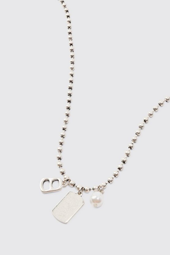 Metal Bead Chain With Dog Tag Pendant Necklace In Silver