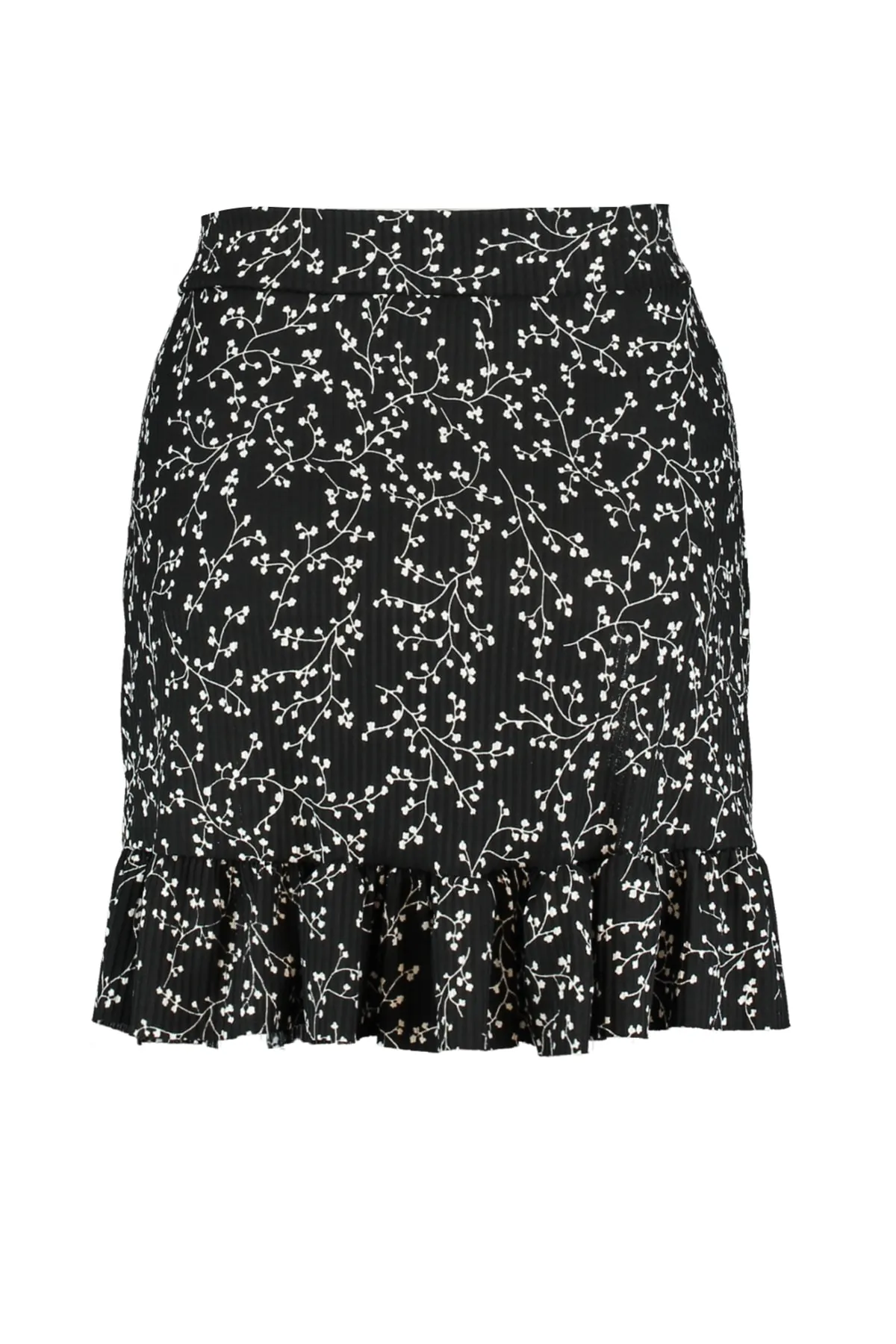 Trendyol Collection  Schwarzer bedruckter, hoch taillierter, dehnbarer Mini-Strickrock mit Volant TWOSS21ET0010
