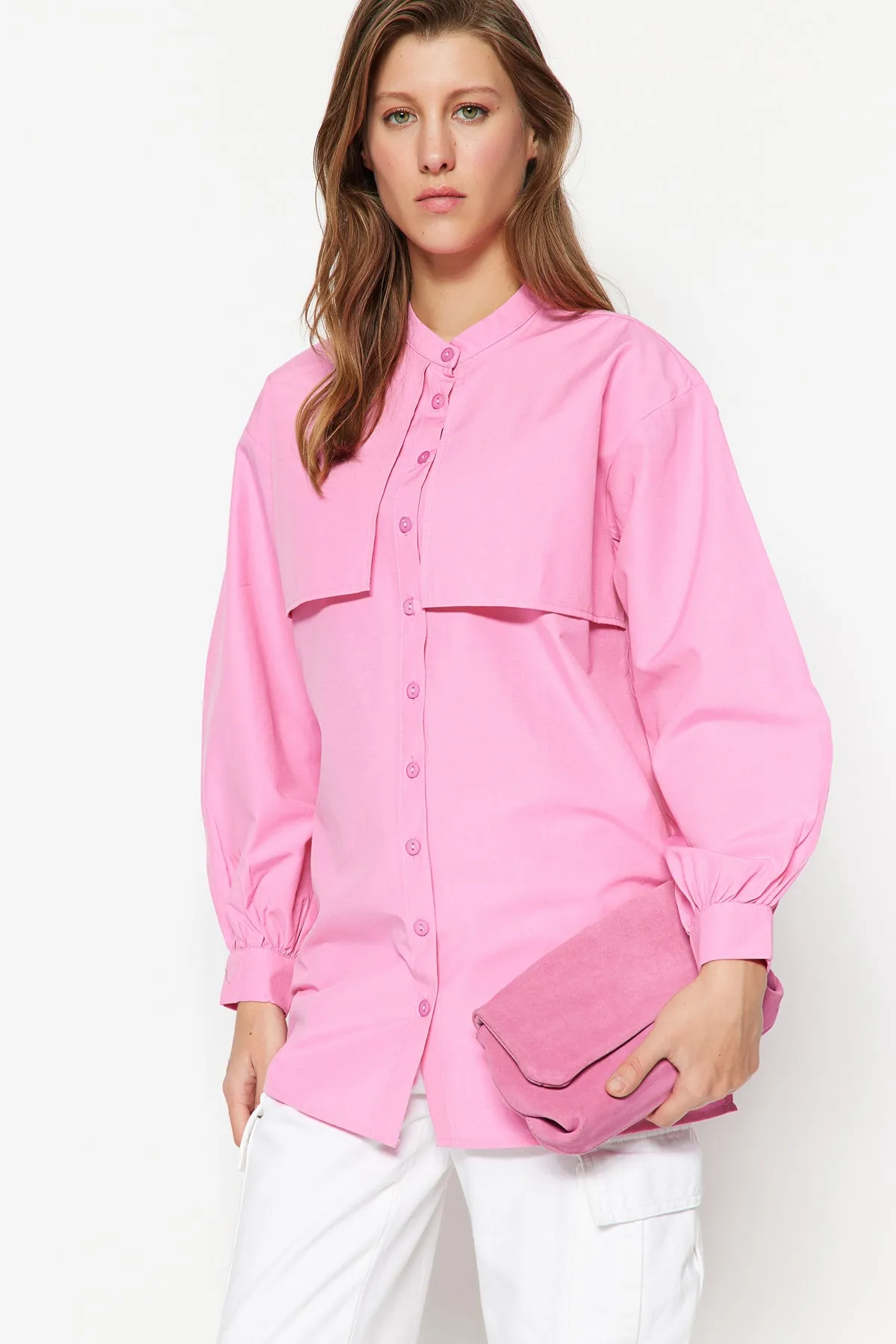 Trendyol Modest  Rosa gewebtes Baumwollhemd TCTSS23TG00030