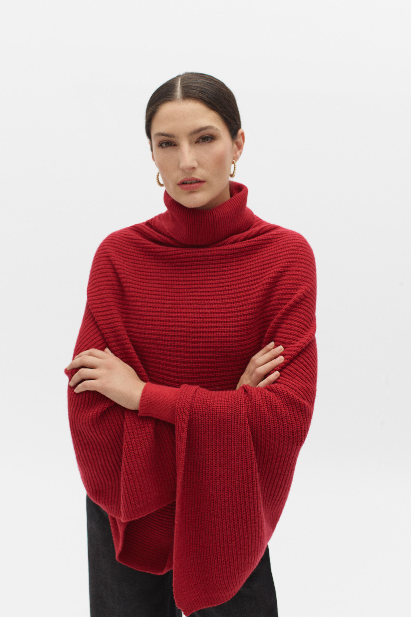 poncho bill 100% laine rouge fonce femme
