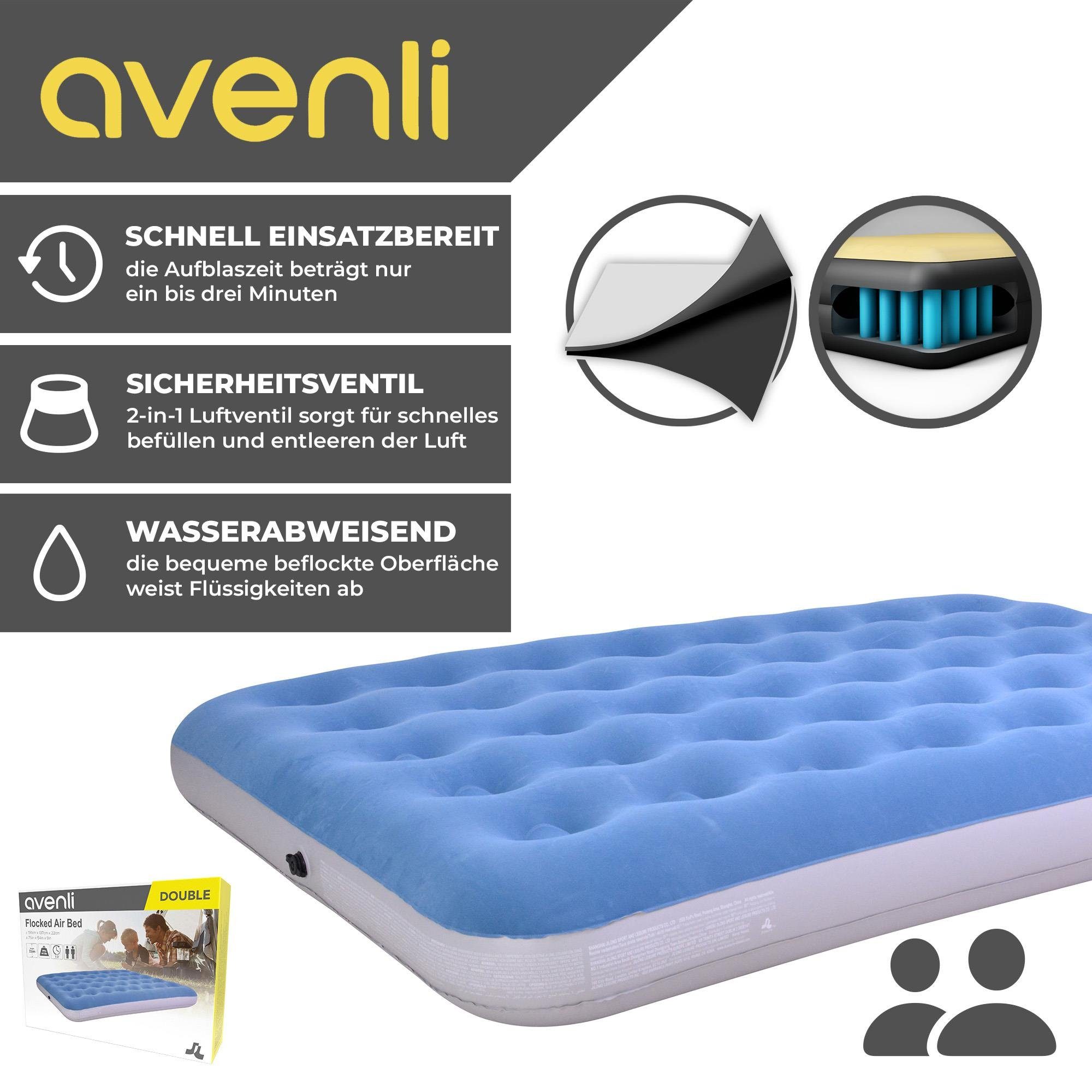 Avenli Luftbett Avenli aufblasbares Luftbett / Campingmatratze blau 191x137x22 cm, (Luftmatratze für 2 Personen), Gästebett mit beflockter Oberfläche