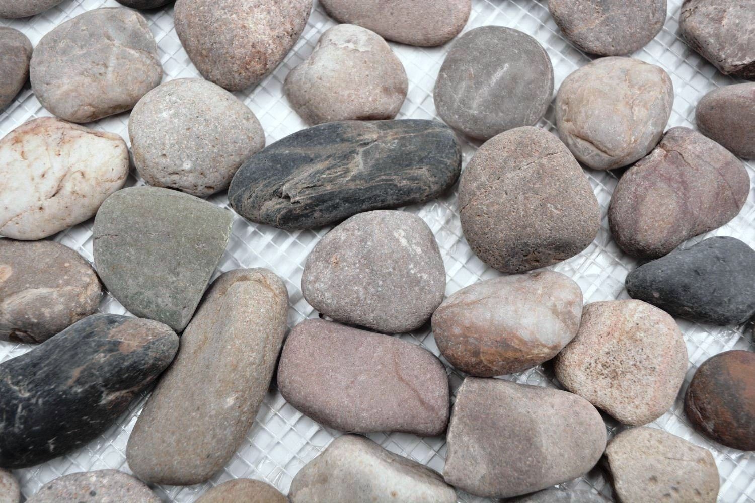 Mosani Mosaikfliesen Flußkiesel gewölbt beige grau schwarz creme anthrazit Duschwand Küche