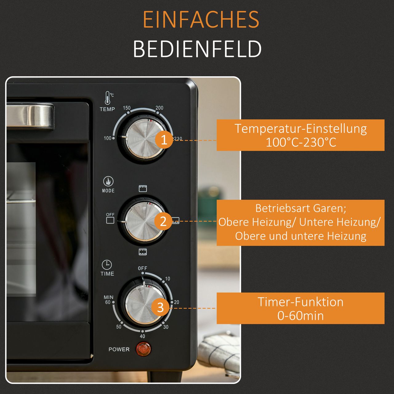 HOMCOM Minibackofen 21L einstellbare Temperatur Ofen 3 Kochmodi Schwarz Silber