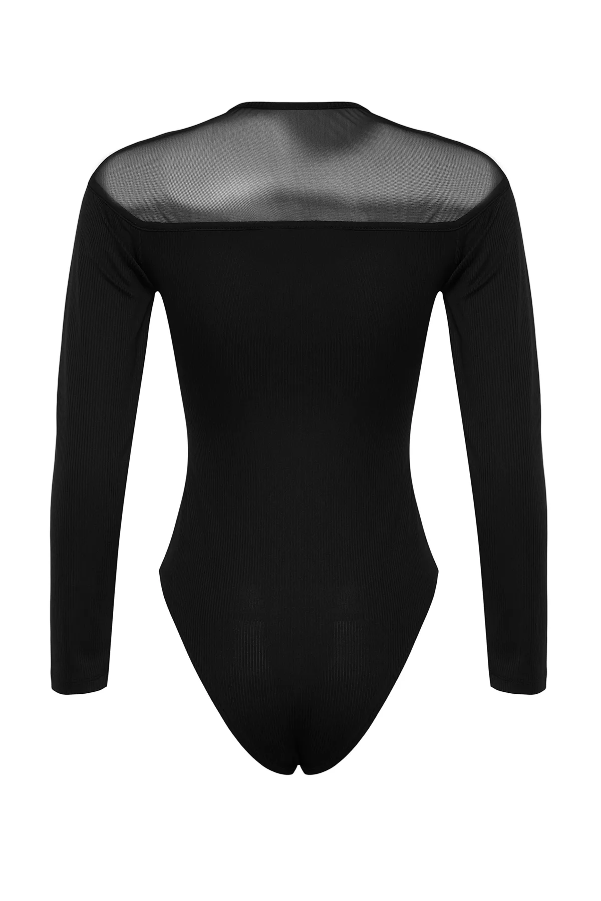 Trendyol Collection  Schwarzer, schmaler, aufsteckbarer Body aus geripptem Stretch-Strick mit Tülldetail und Herzkragen TWOAW24BD00019