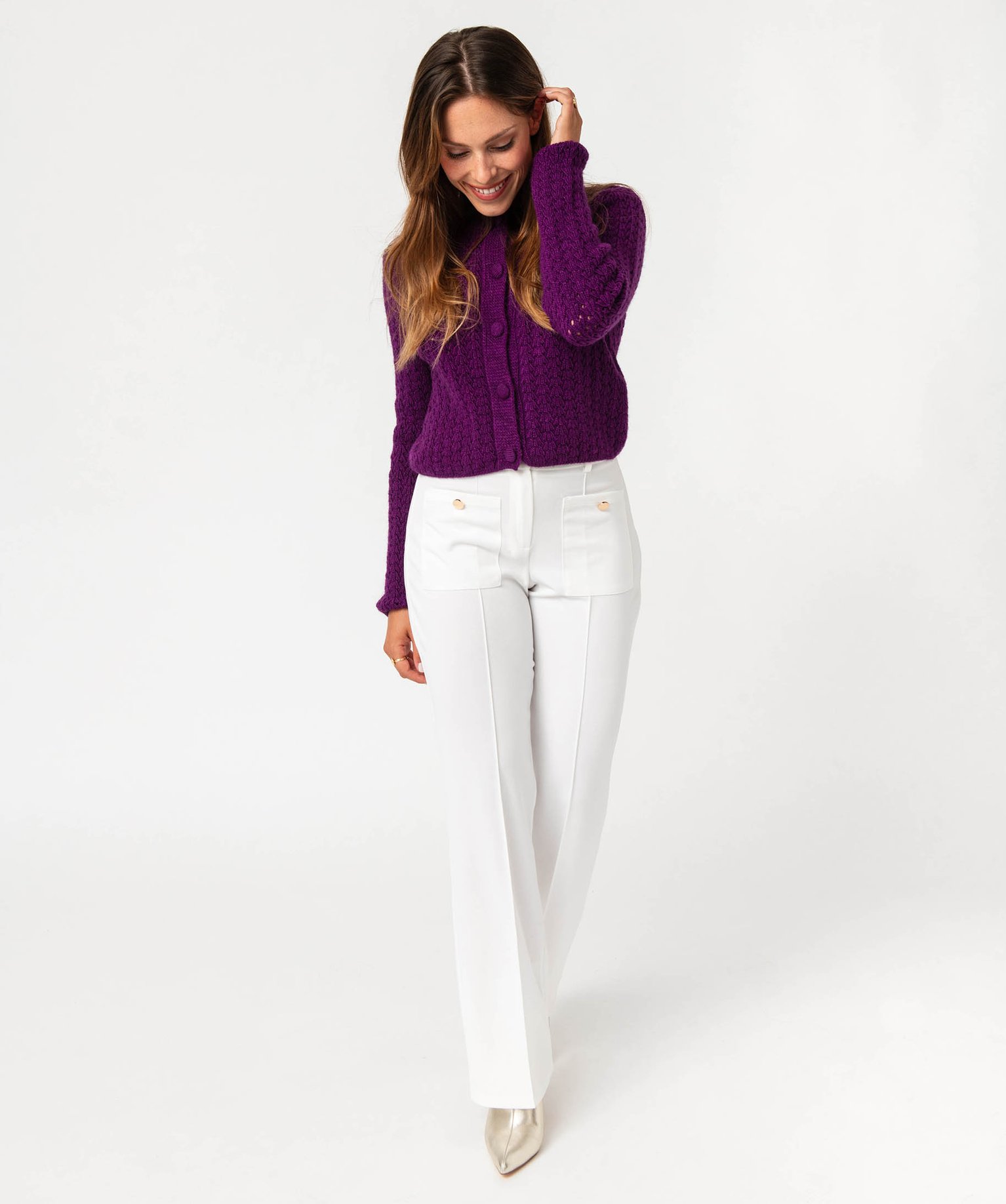 Gilet court en maille ajourée femme violet | GEMO
