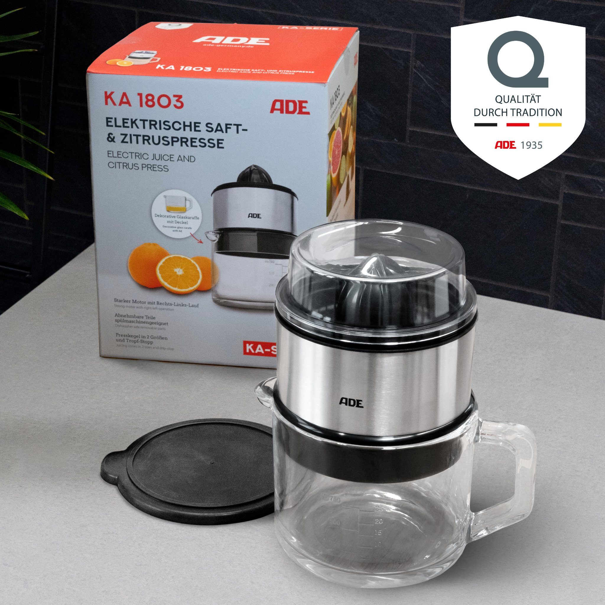 ADE Zitruspresse Entsafter Zitronenpresse Orangenpresse Saftpresse mit 1 l Glaskaraffe, 60 W, 2 Laufrichtungen, Tropf-Stop, 2 Presskegel (groß und klein)