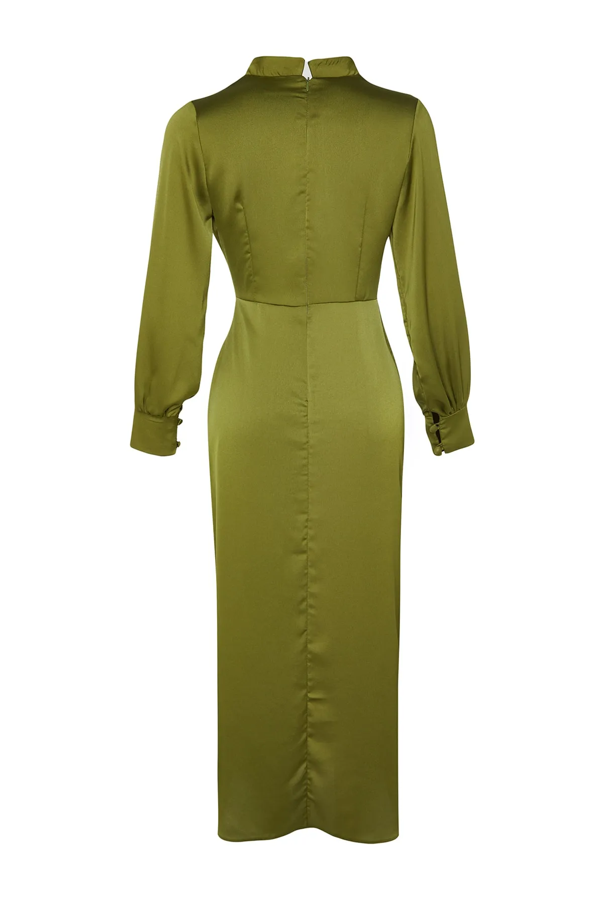 Trendyol Modest  Khakifarbenes Satin-Abendkleid mit geraffter Taille TCTSS23DB00043