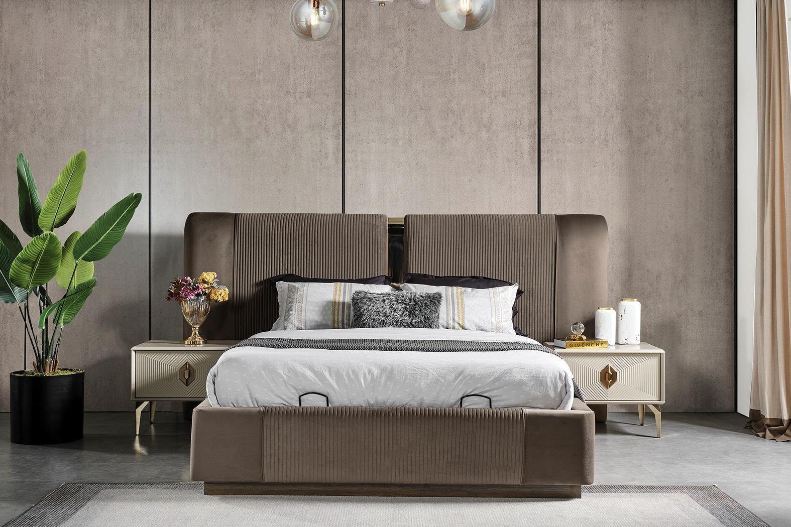 JVmoebel Schlafzimmer-Set Braunes Schlafzimmer Set Designer Doppelbett 2x Nachttische Luxus, (3-St., Bett, 2x Nachttisch), Made in Europa