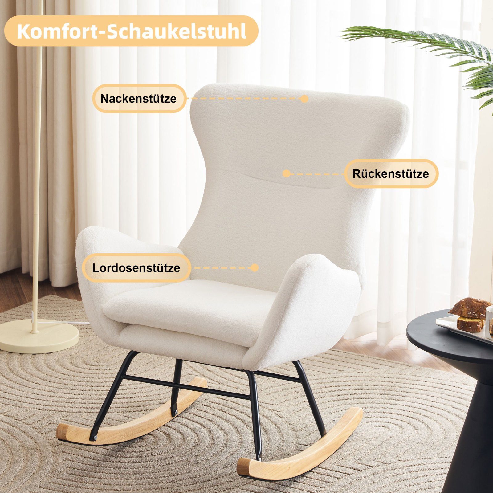 FUROKOY Schaukelstuhl Teddy-Samt-Einzelsofastuhl mit hoher Rückenlehne,Freizeitschaukelstuhl, Schaukelsessel 68x96x90cm, verstellbare Rückenlehne, Schwarz