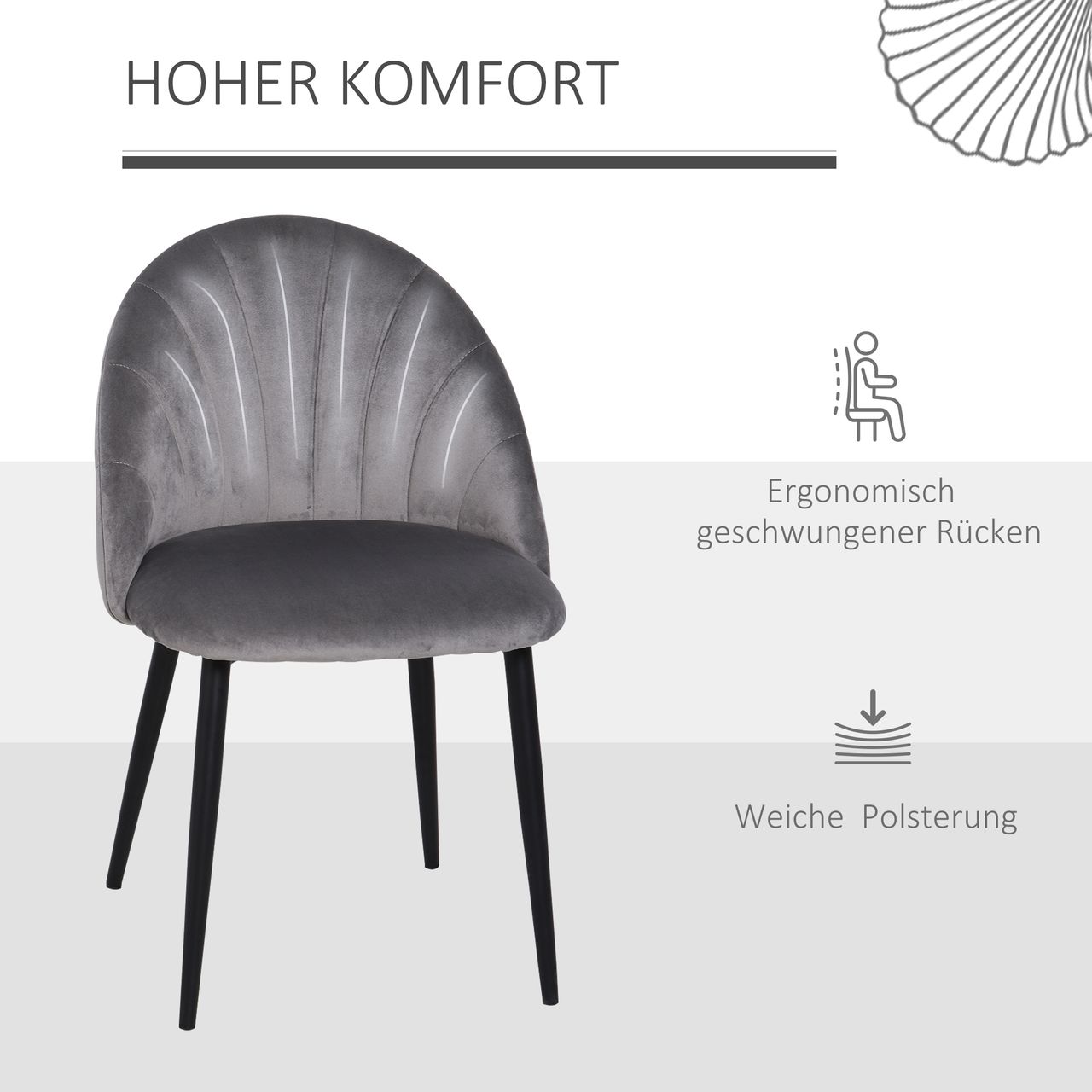 HOMCOM Esszimmerstühle 2er Set Küchenstuhl Wohnzimmerstuhl Polsterstuhl Bürostuhl mit Rückenlehne Skandi-Design Samt Metall Grau 52 x 54 x 79 cm