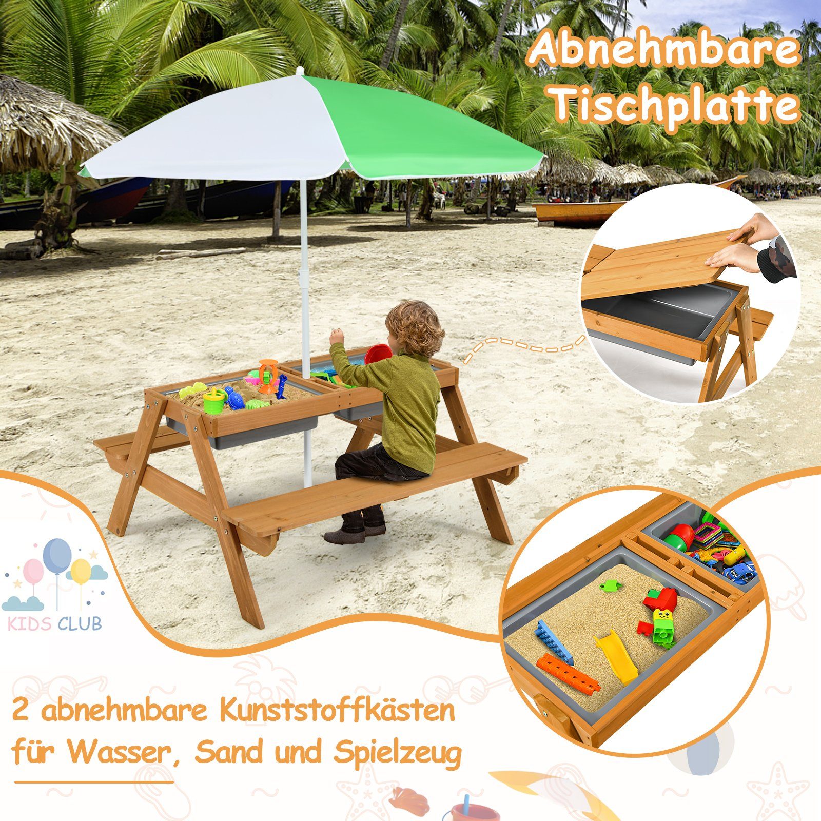 COSTWAY Garten-Kindersitzgruppe, aus Holz, mit Sonnenschirm & Bänke