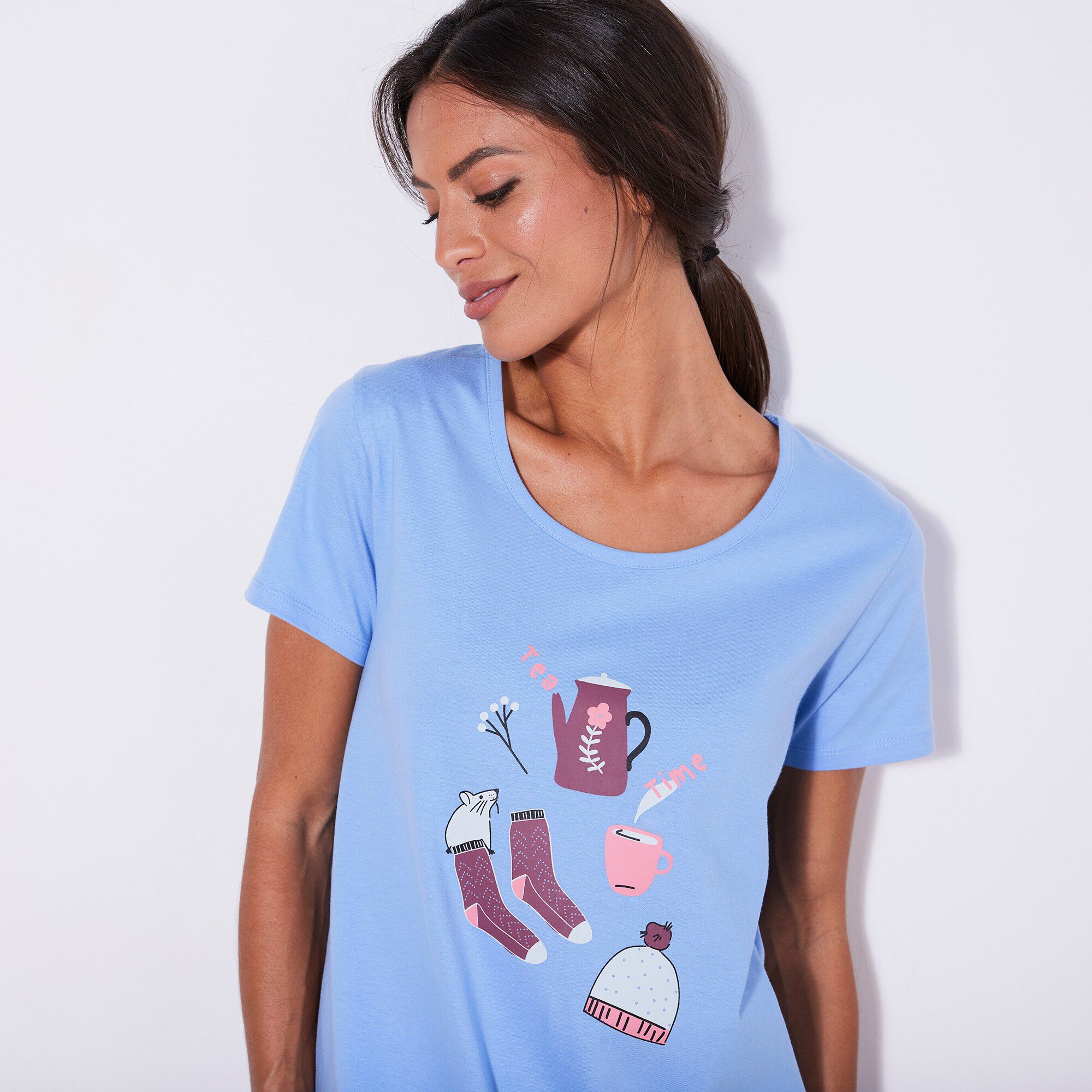Chemise de nuit courte manches courtes imprimé « tea time »