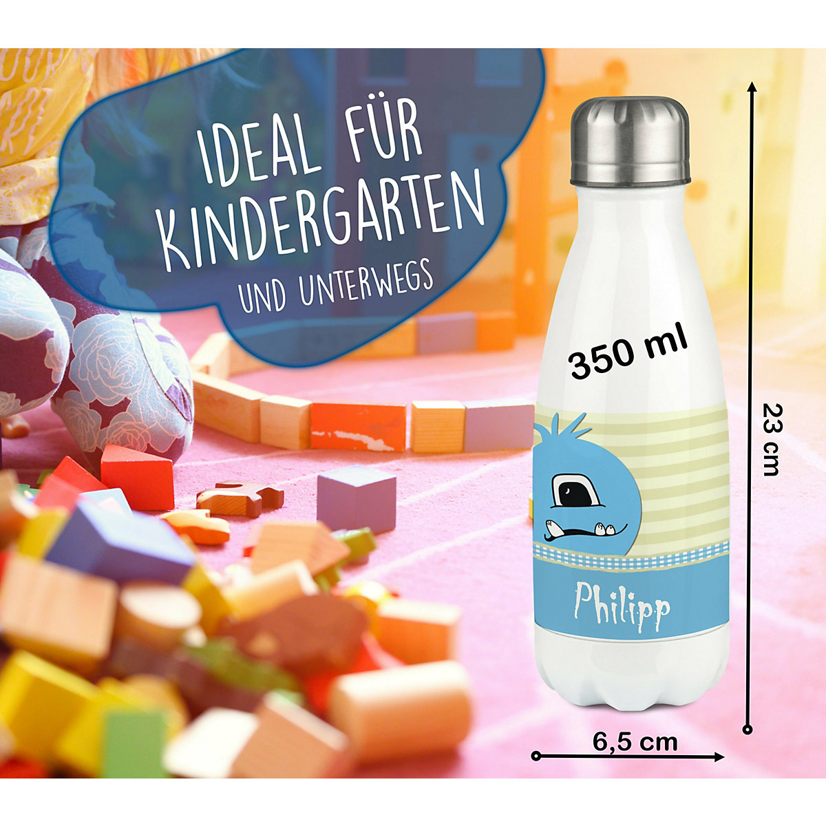 Edelstahl Kinder Thermoflasche / Trinkflasche bunt Monster Karo Farbe hellblau Spülmaschinenfest, Auslaufsicher, Bruchfest, Doppelwandig, Für Heißgetränke geeignet, Mit Deckel, Isoliert