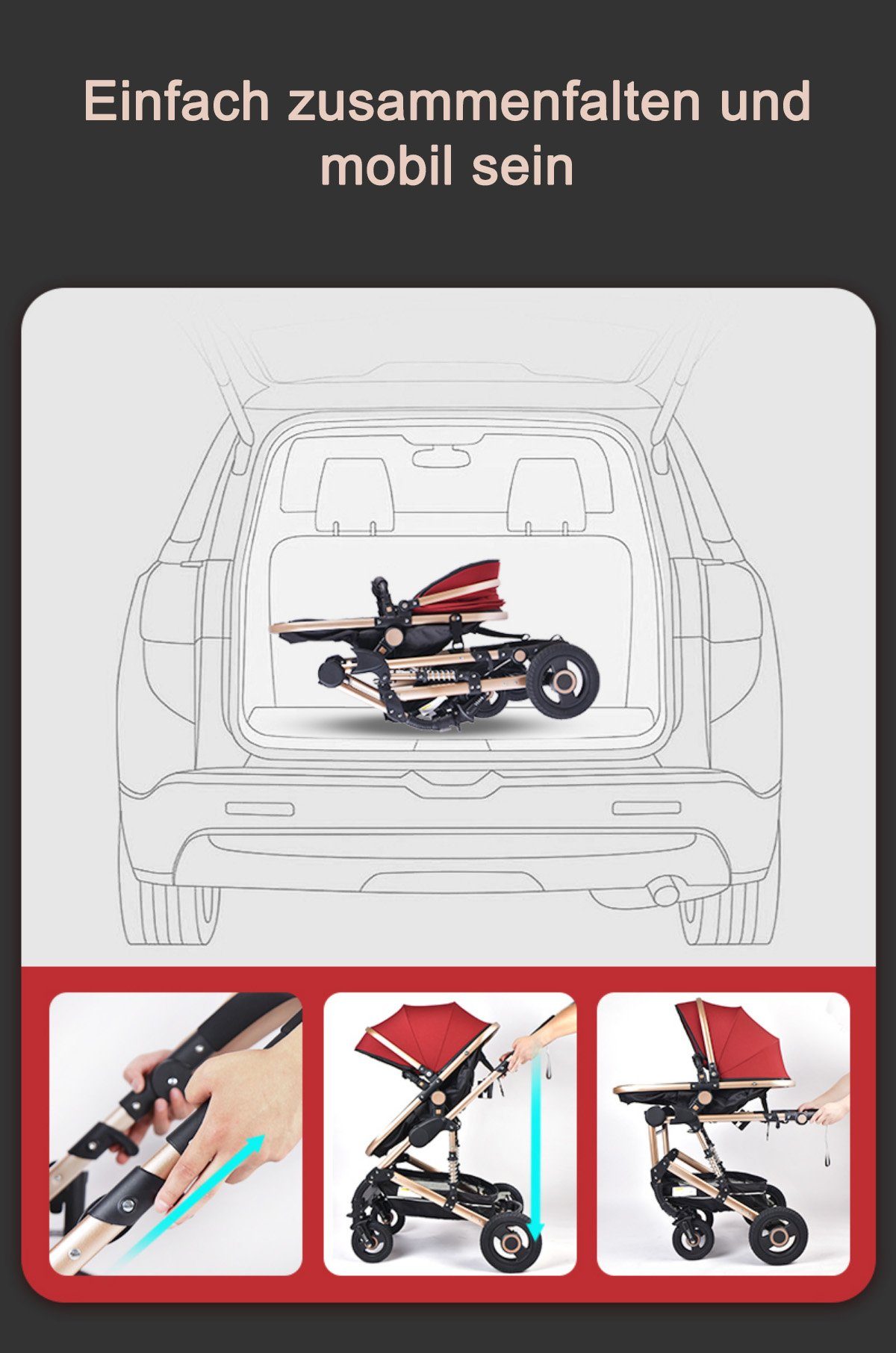 TPFLiving Kombi-Kinderwagen Babyschale Baby Buggy Babywanne 5-Punkt-Sicherheitsgurt Moskitonetz, Getränkehalter Kinderwagen 3 in 1 inkl. großem Zubehörset Schwarz