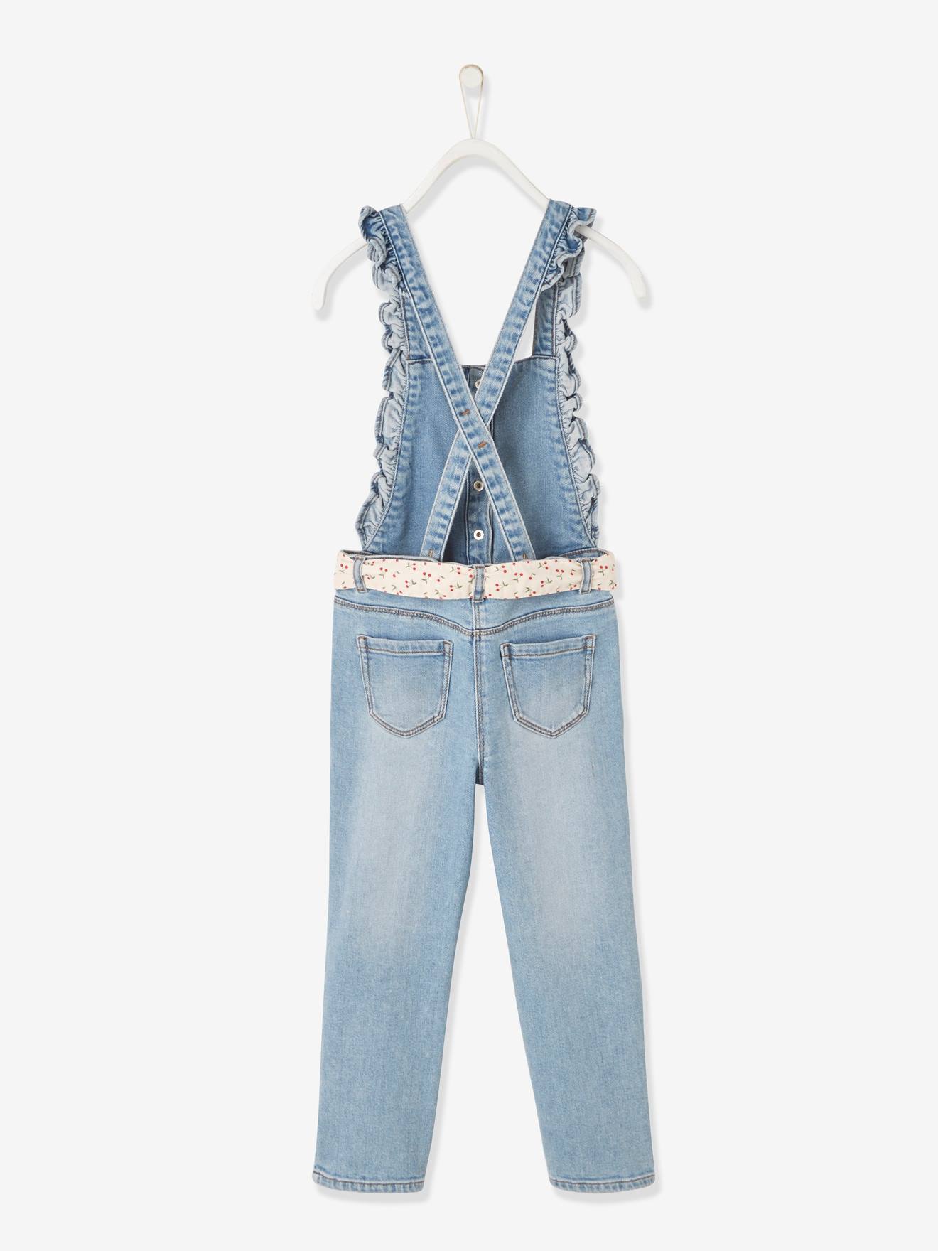 Salopette en jean à bretelles volantées fille denim bleached