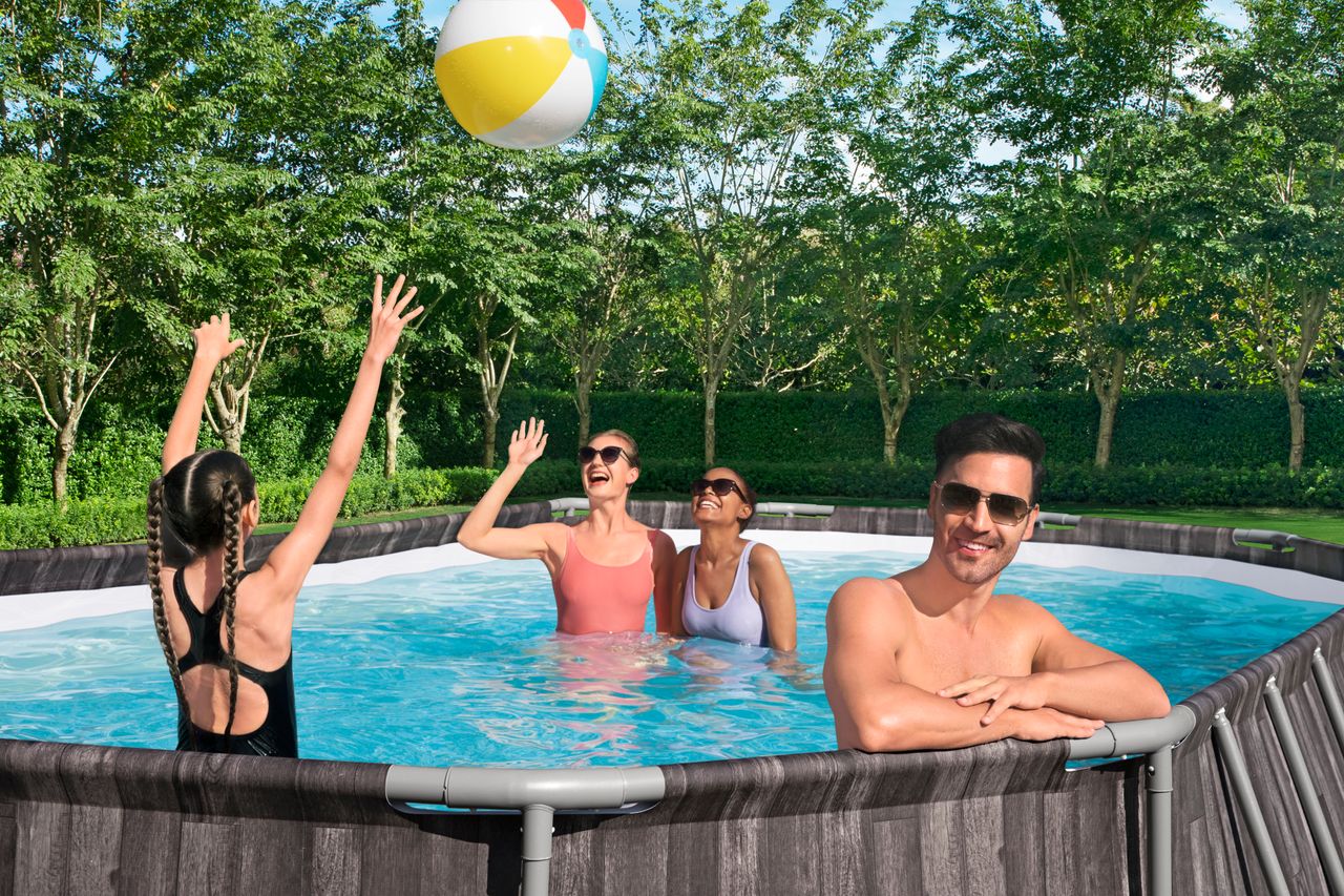 Bestway Power Steel™ Frame Pool Komplett-Set mit Filterpumpe, Holz-Optik (Mooreiche), oval 610 x 366 x 122 cm