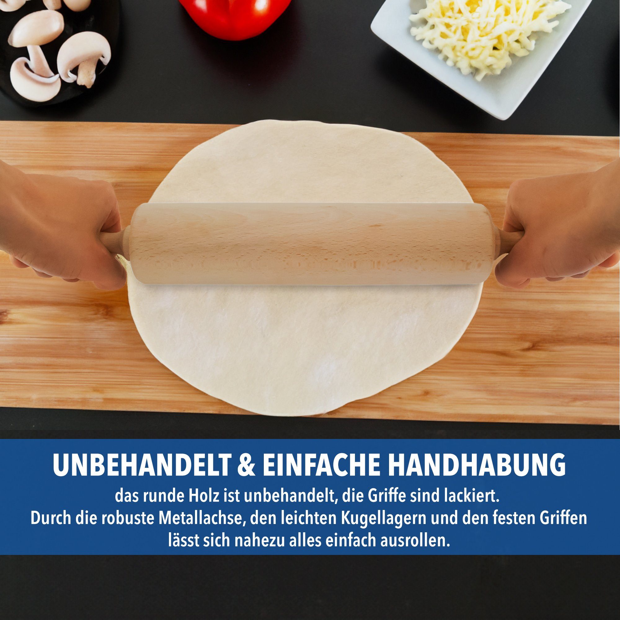 SOHFA Nudelholz 43cm stabiler Ausroller für Teig und Fondant Buchenholz, (ein Nudelholz, 1-tlg., 1er Set), hergstellt in Europa