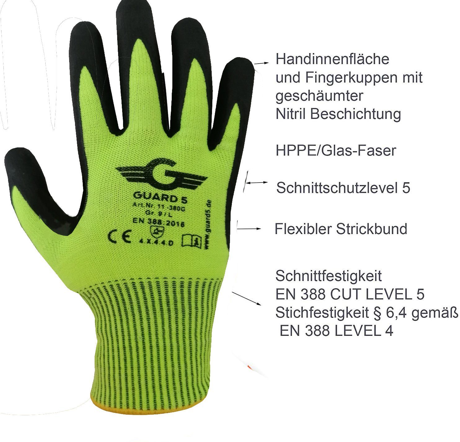 GUARD 5 Schnittschutzhandschuhe schnittfeste Arbeitshandschuhe für höchste Sicherheit (Art-11380G) Schnittschutz