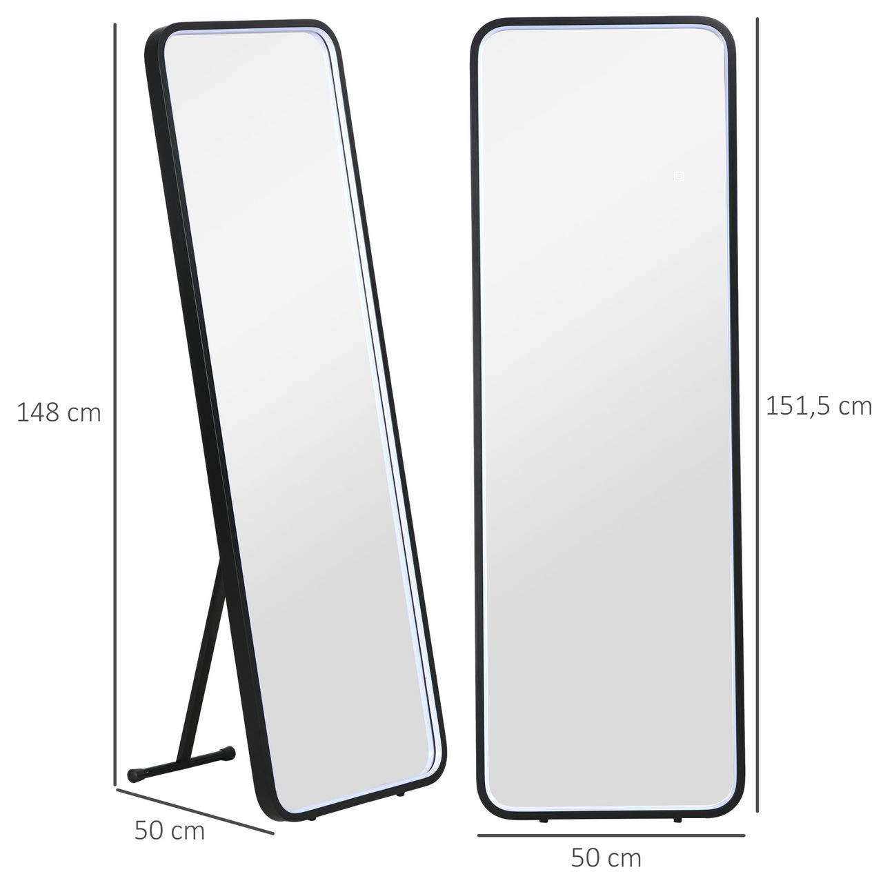 HOMCOM Ganzkörperspiegel, 151,5 x 50 x 4 cm Wandspiegel, Standspiegel mit LED-Leuchte