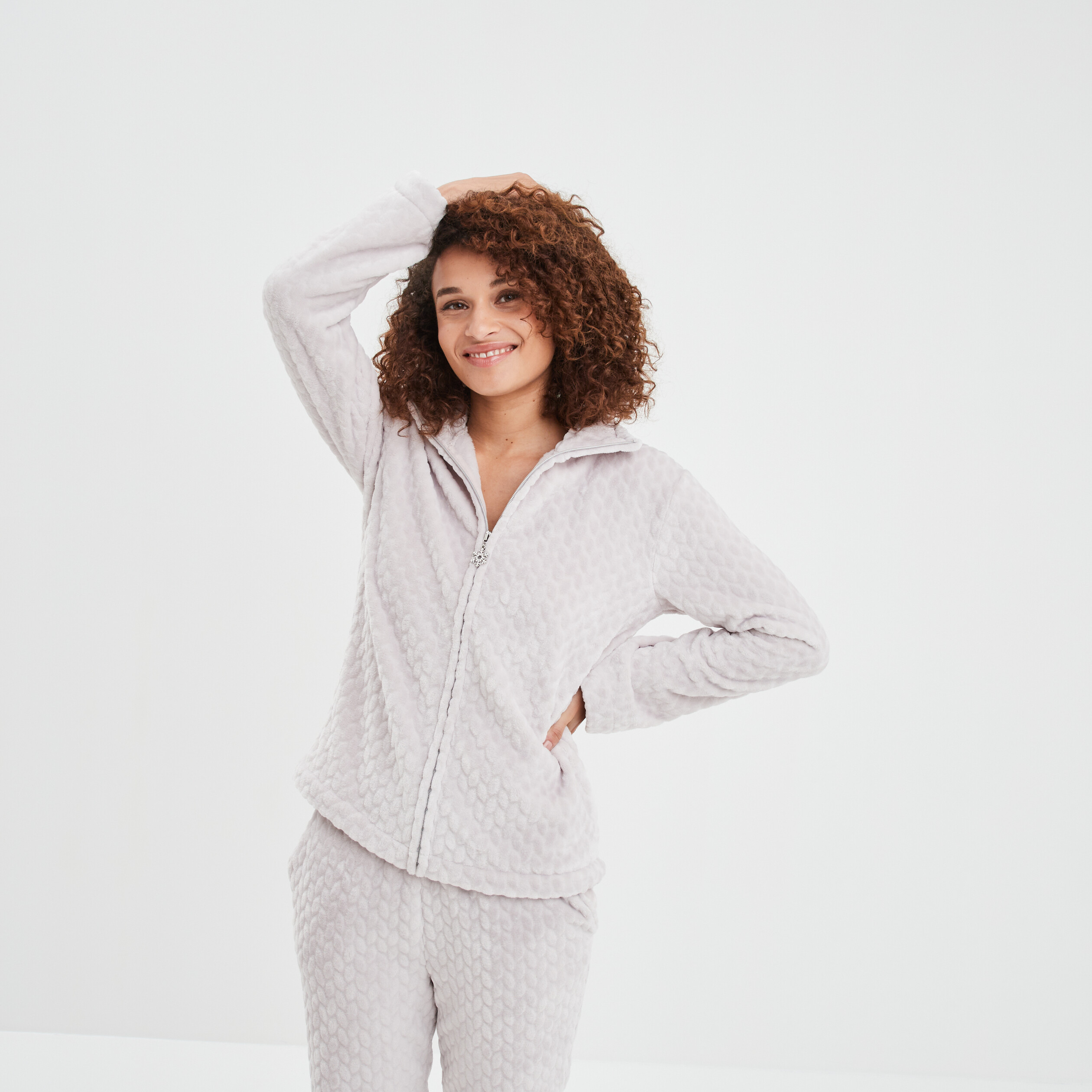 Veste pyjama pilou zippée col montant rose pastel femme | La Halle