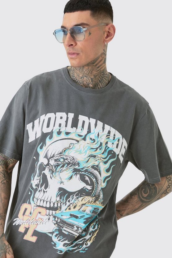 Tall T-Shirt mit Worldwide Gothic Print und Acid Waschung